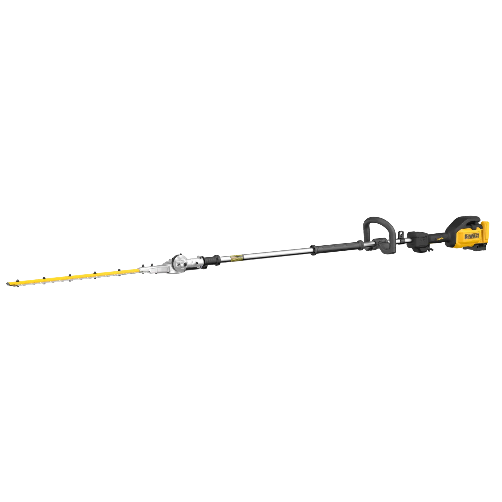 A DEWALT cordless pole hedge trimmer with an extendable shaft, featuring a yellow and black handle, designed for trimming and maintaining hedges.