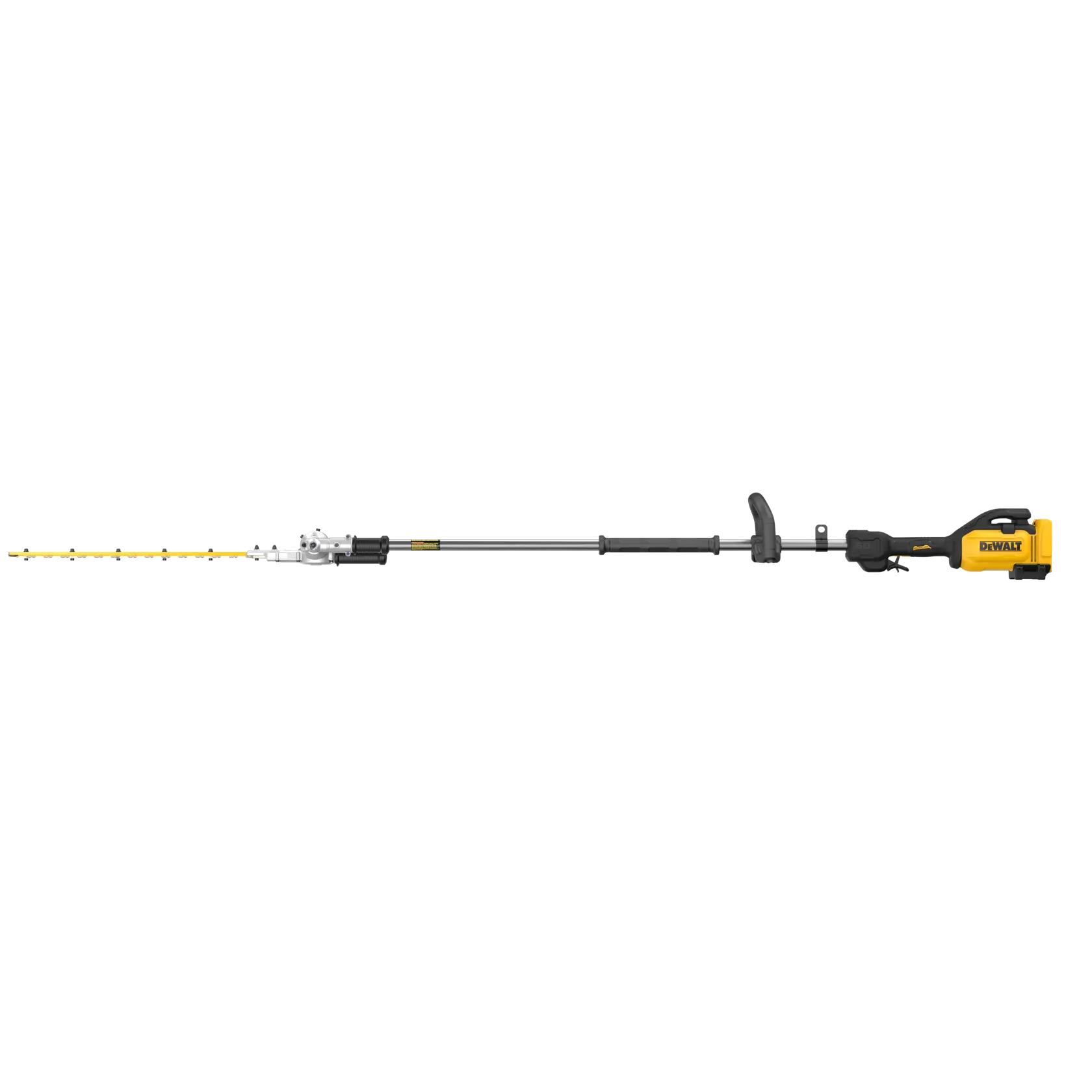 A DEWALT cordless pole hedge trimmer with a long, telescoping shaft and yellow and black handle, designed for trimming tall hedges.