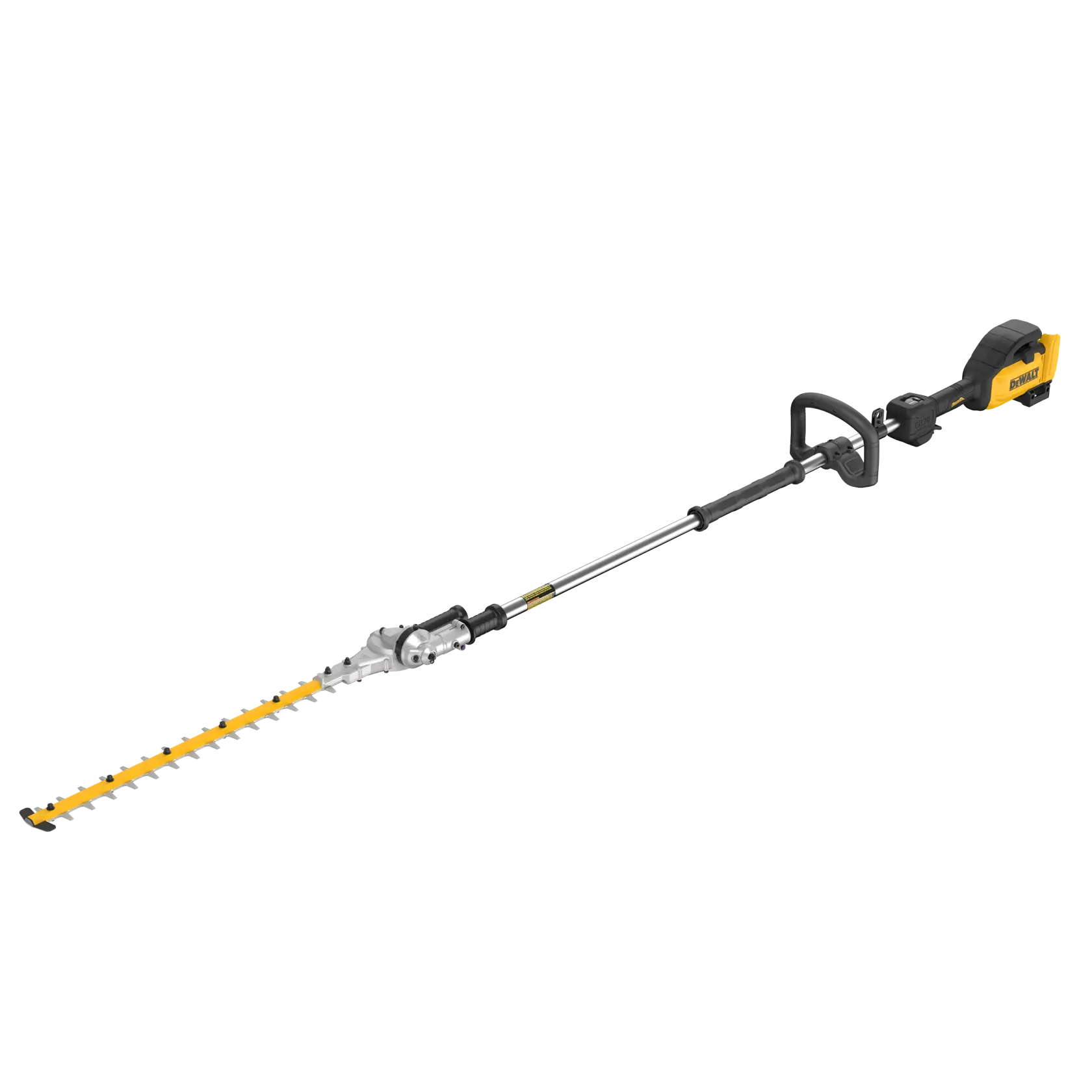 A DEWALT cordless pole hedge trimmer with a long, extendable handle and a yellow and black cutting blade attachment.