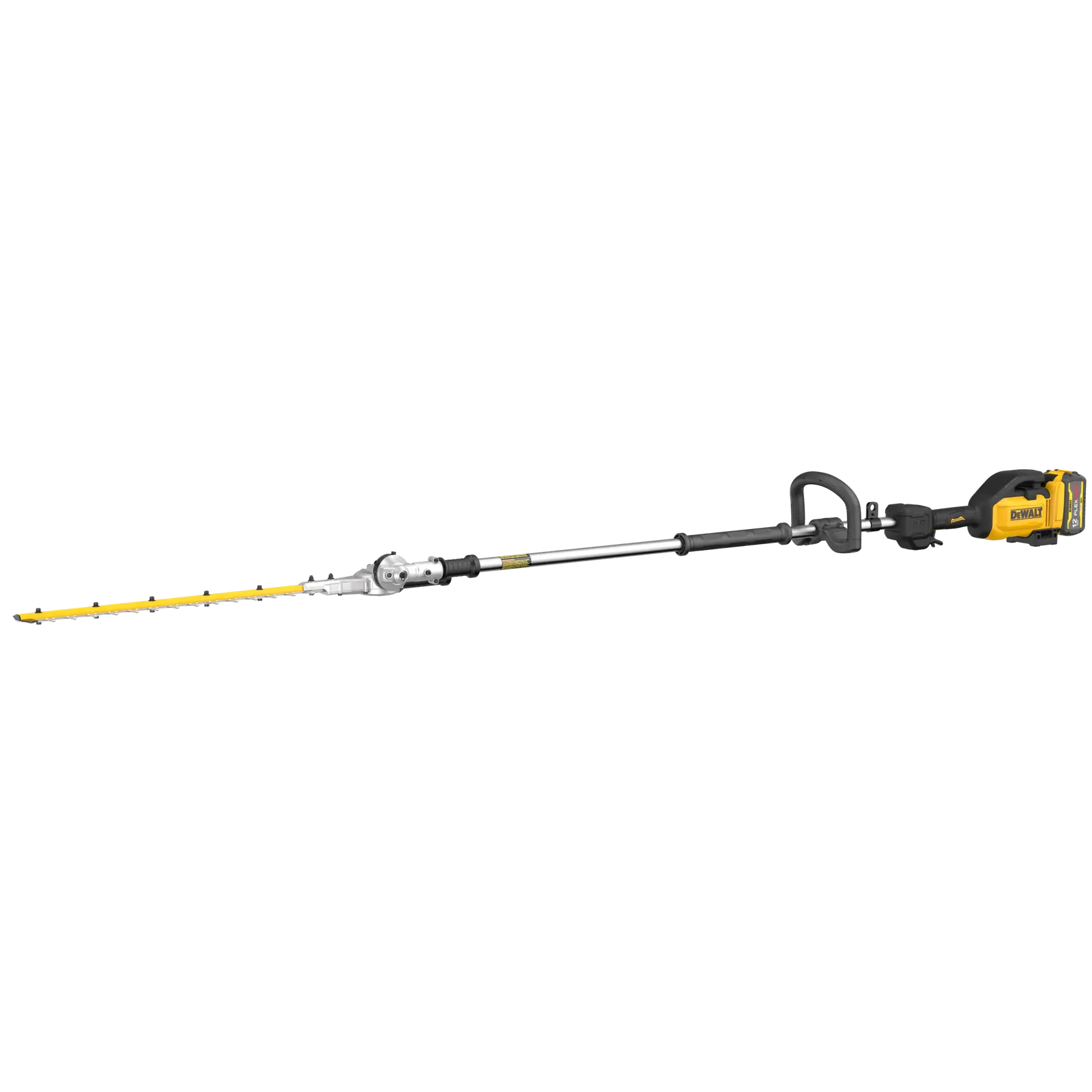 A DEWALT cordless pole hedge trimmer shown in side view, featuring a yellow and black body and a long extended cutting blade.