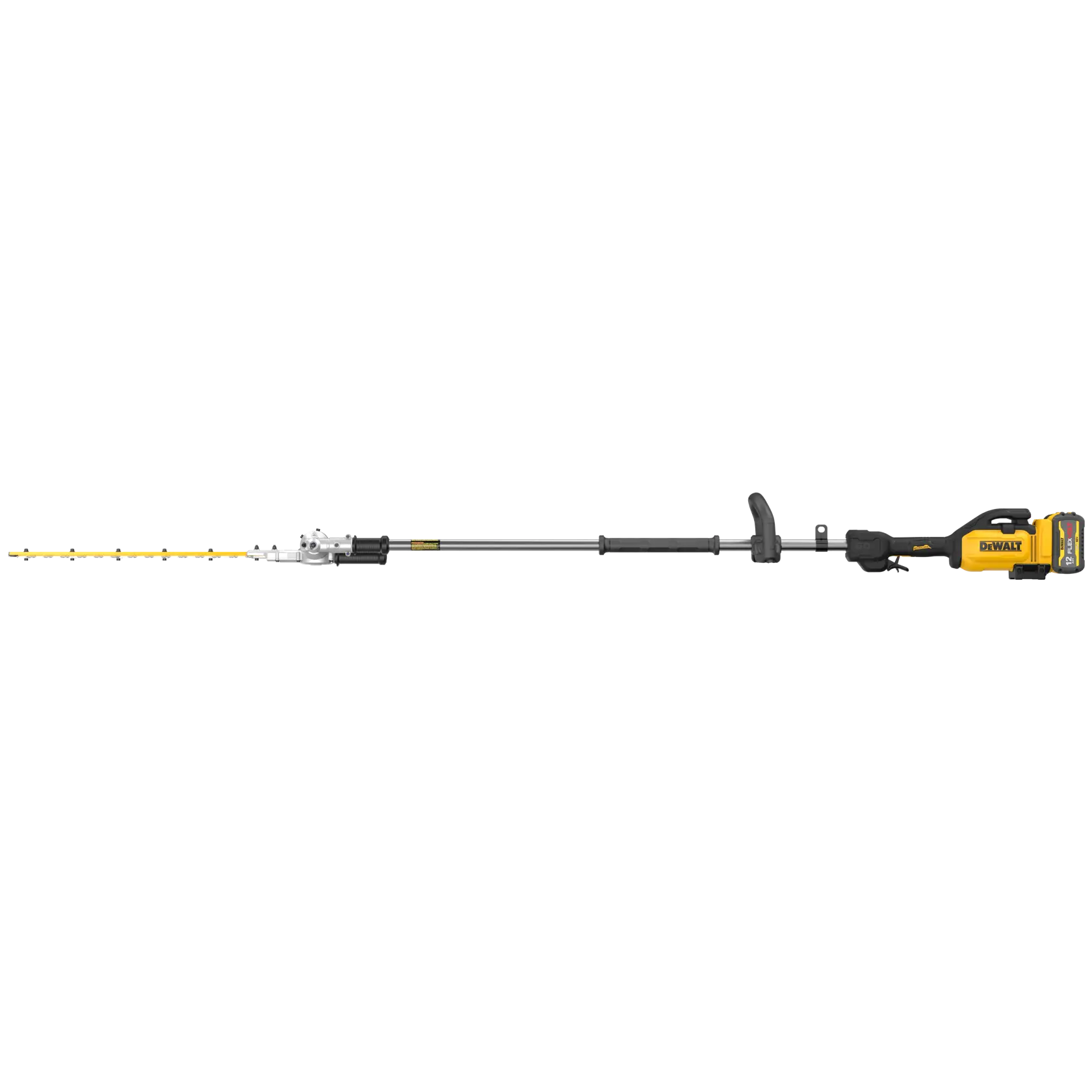 DEWALT cordless pole hedge trimmer with extended telescopic shaft, showing the yellow and black motor housing and battery at one end and the long blade at the other.