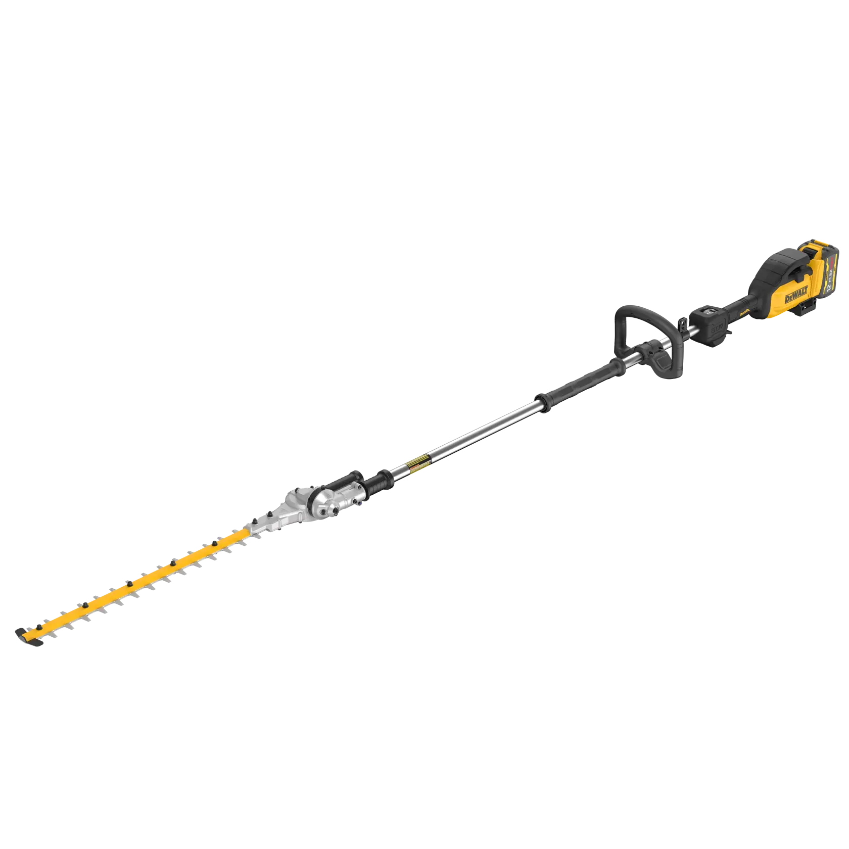 A DEWALT cordless pole hedge trimmer with a long, adjustable shaft, black and yellow housing, and a dual-action cutting blade at the end.