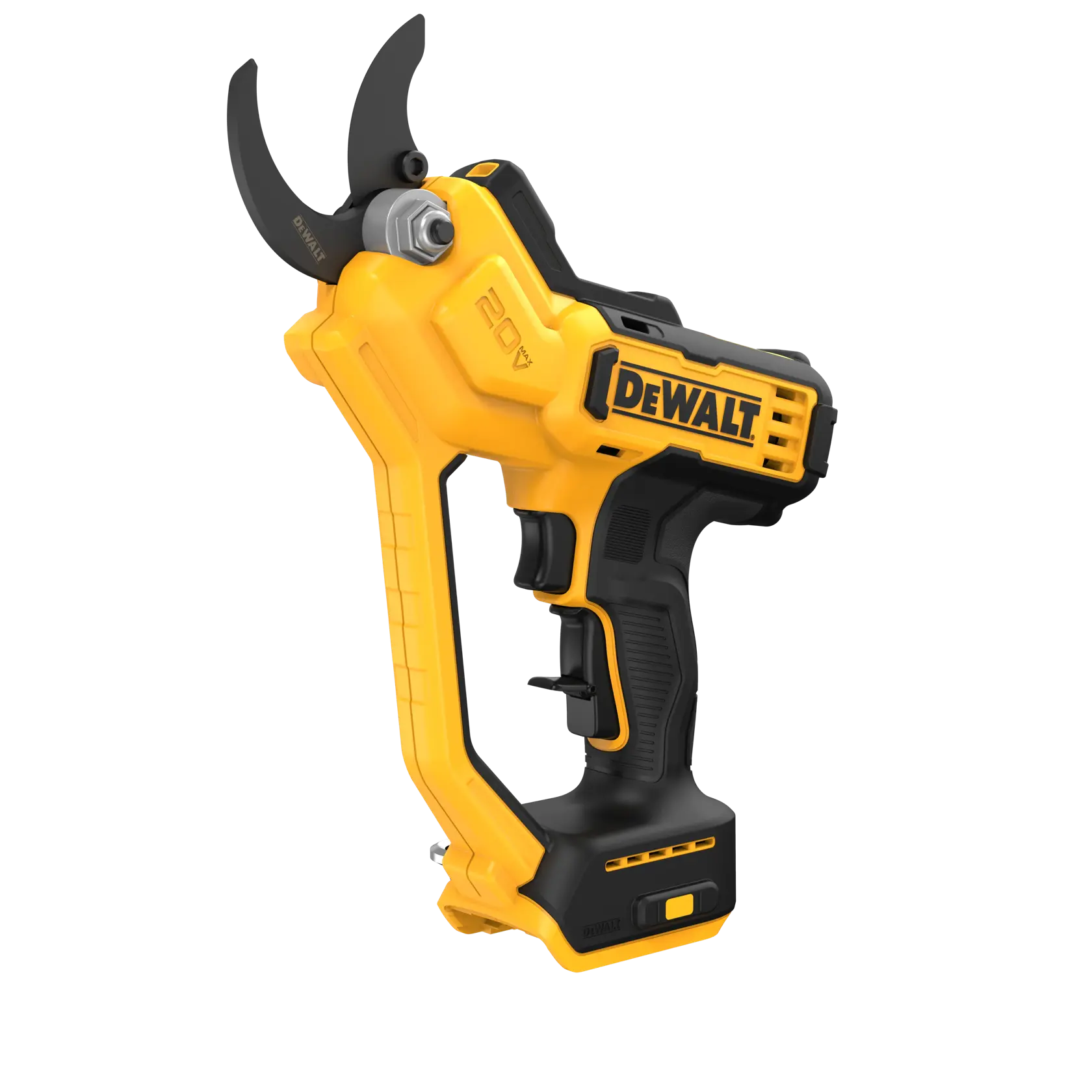 A yellow and black cordless electric pruning shears with a trigger handle, branded with the DEWALT logo. The tool features a curved cutting blade and is designed for gardening or landscaping work.