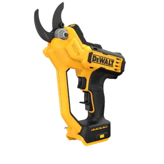 A yellow and black cordless electric pruning shears with a trigger handle, branded with the DEWALT logo. The tool features a curved cutting blade and is designed for gardening or landscaping work.