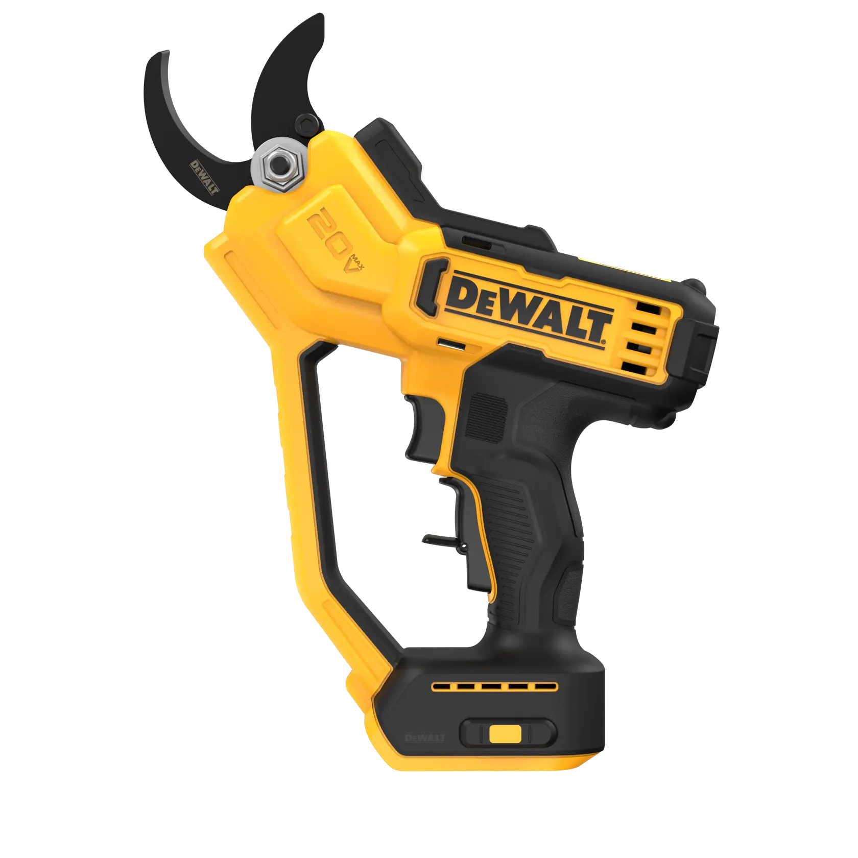 A yellow and black DeWalt 20V cordless electric pruning shear with a pistol grip design and metal cutting blades.