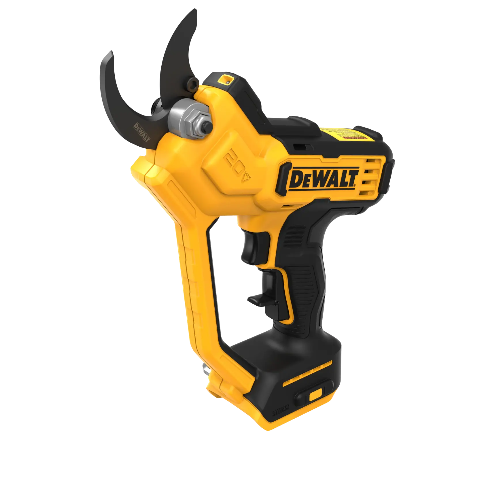 A yellow and black DeWalt cordless electric pruner with a sharp cutting blade, designed for trimming branches and garden plants.
