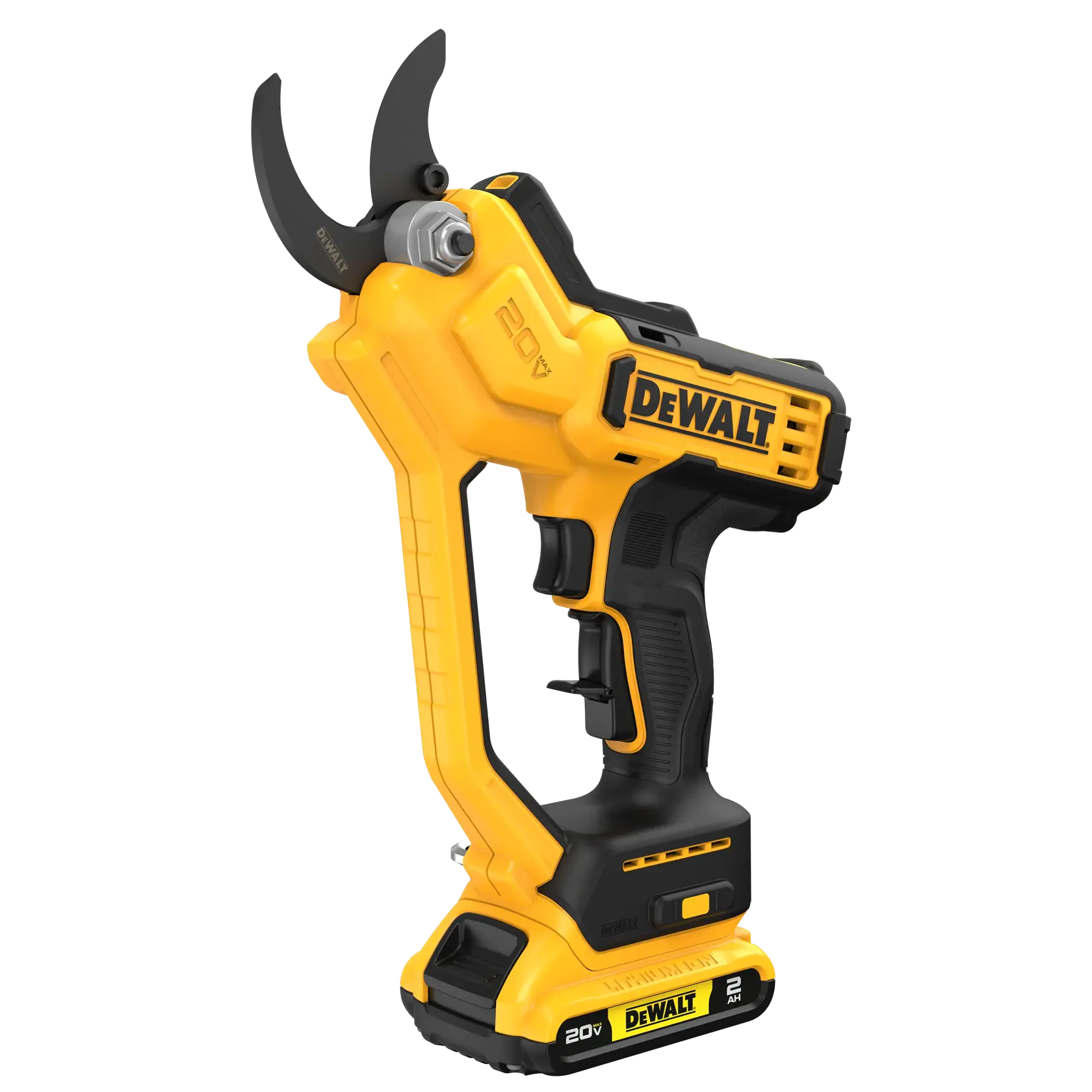 DEWALT(R) Cordless Pruner on white background detailing the contents of the kit