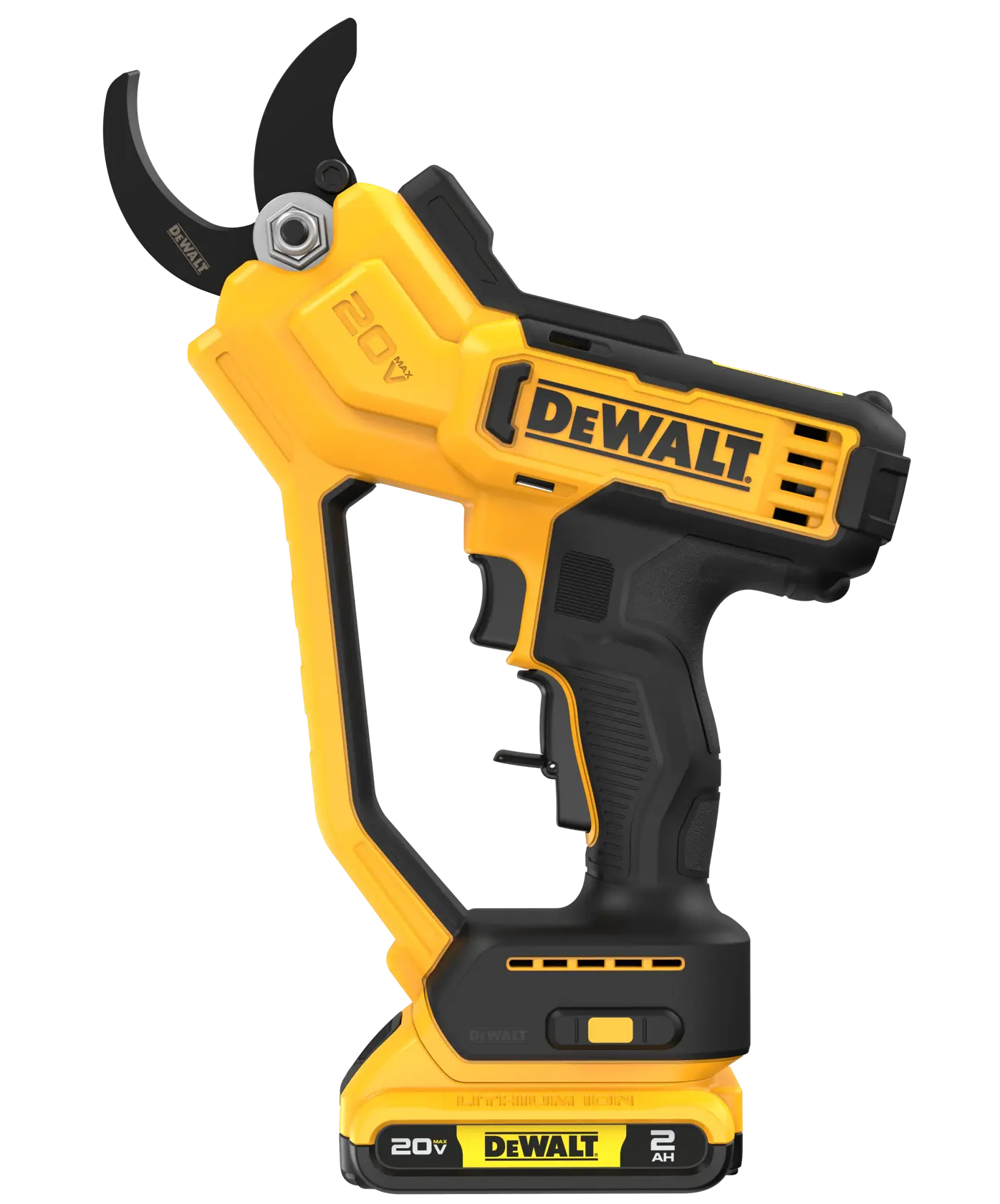 Walk-around graphic of DEWALT(R) Cordless Pruner highlighted key features
