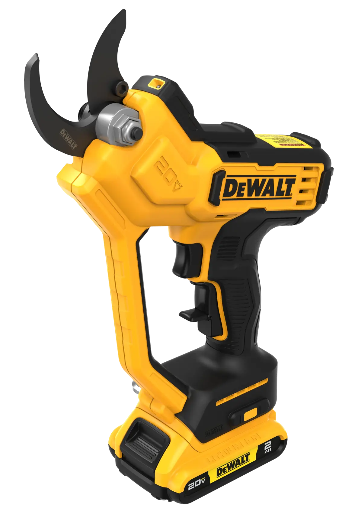 DEWALT(R) Cordless Pruner cutting branches, with text up to 1100 cuts per charge.