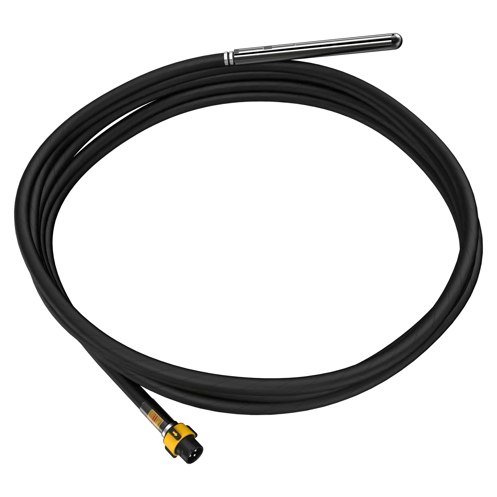 A coiled black flexible shaft with a metal probe tip and a connector, DEWALT brand.