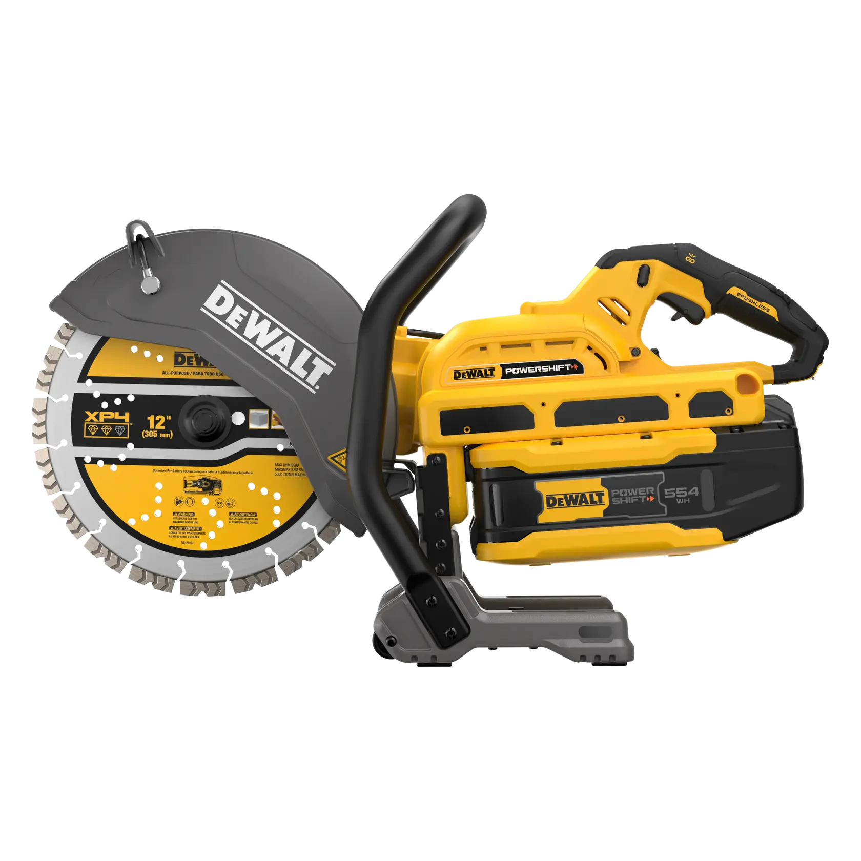A DEWALT cordless power cutter with a 12-inch blade, featuring a yellow and black design, ergonomic handle, and POWER SHIFT battery pack.