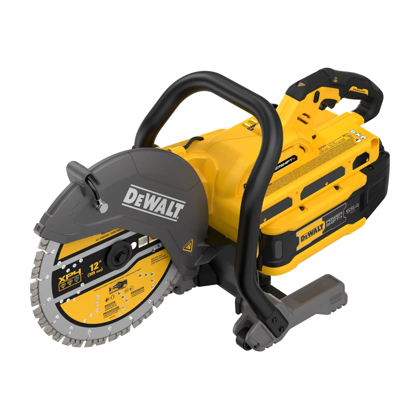 A DEWALT cordless power tool, specifically a yellow and black 12-inch cut-off saw with a large circular blade and ergonomic handle. The saw features DEWALT branding on the blade guard and battery compartment.