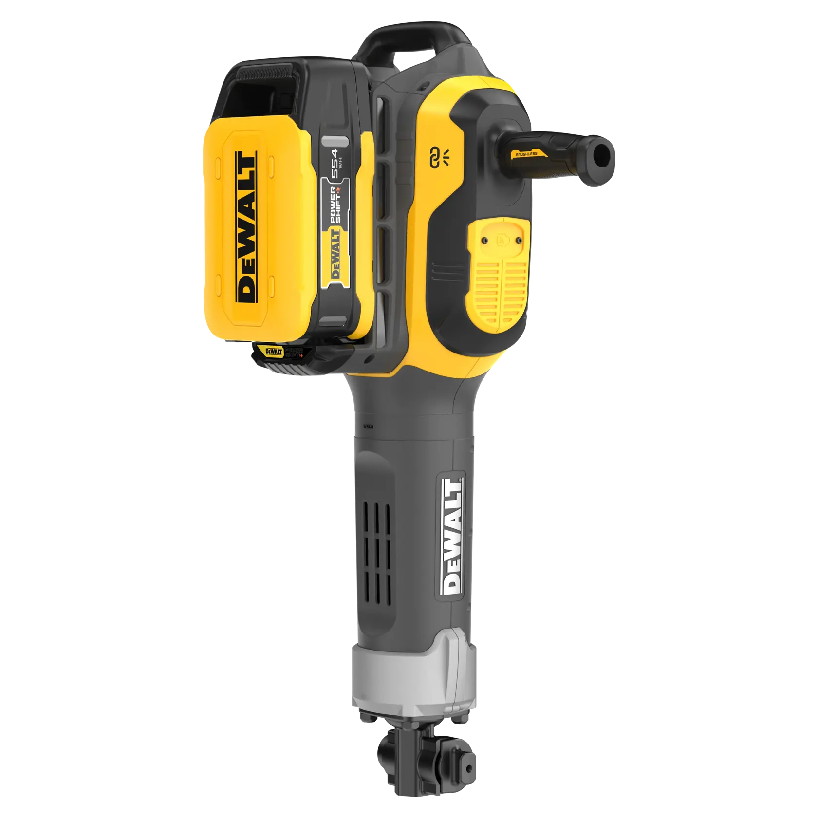 A yellow and black DEWALT branded cordless power tool, specifically a concrete breaker or demolition hammer, shown upright with a battery attached.