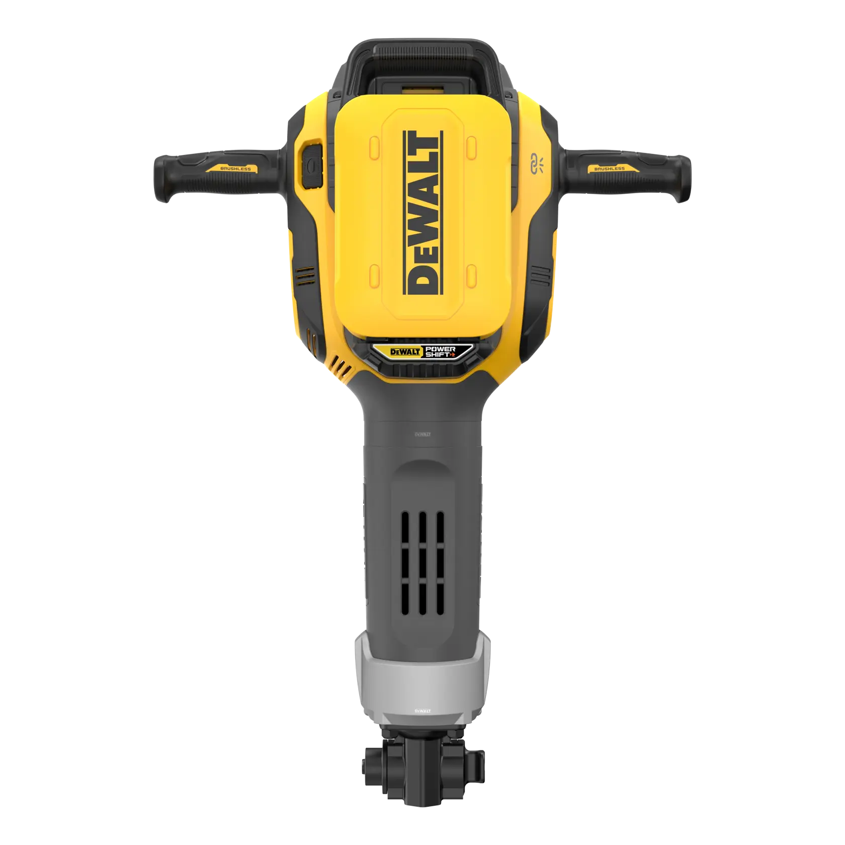 Front view of a yellow and black DEWALT power tool, specifically an electric jackhammer with two handles on each side.