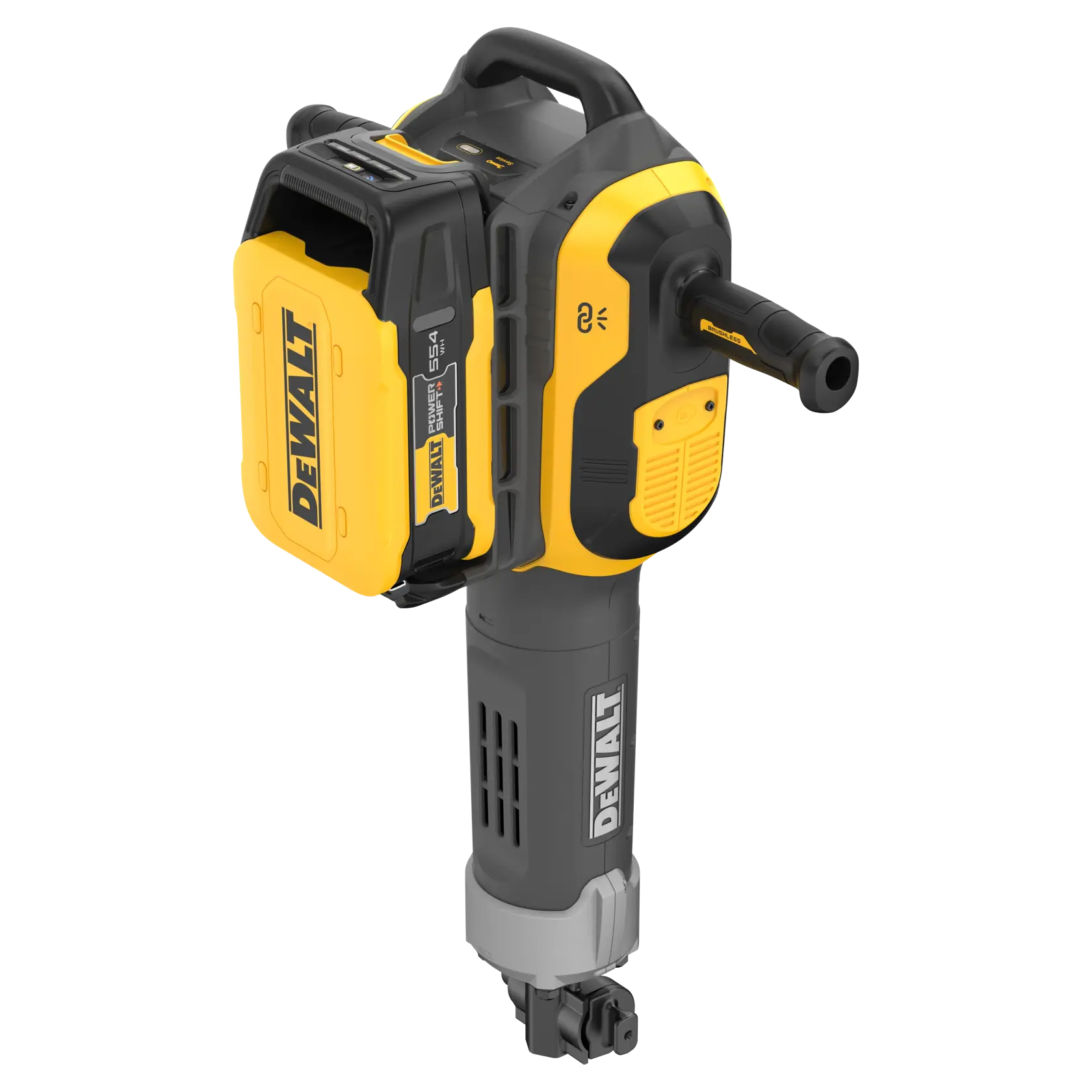 A DEWALT branded cordless demolition hammer or jackhammer with a yellow and black design. The tool features a prominent battery pack and handle, designed for heavy-duty construction or demolition work.
