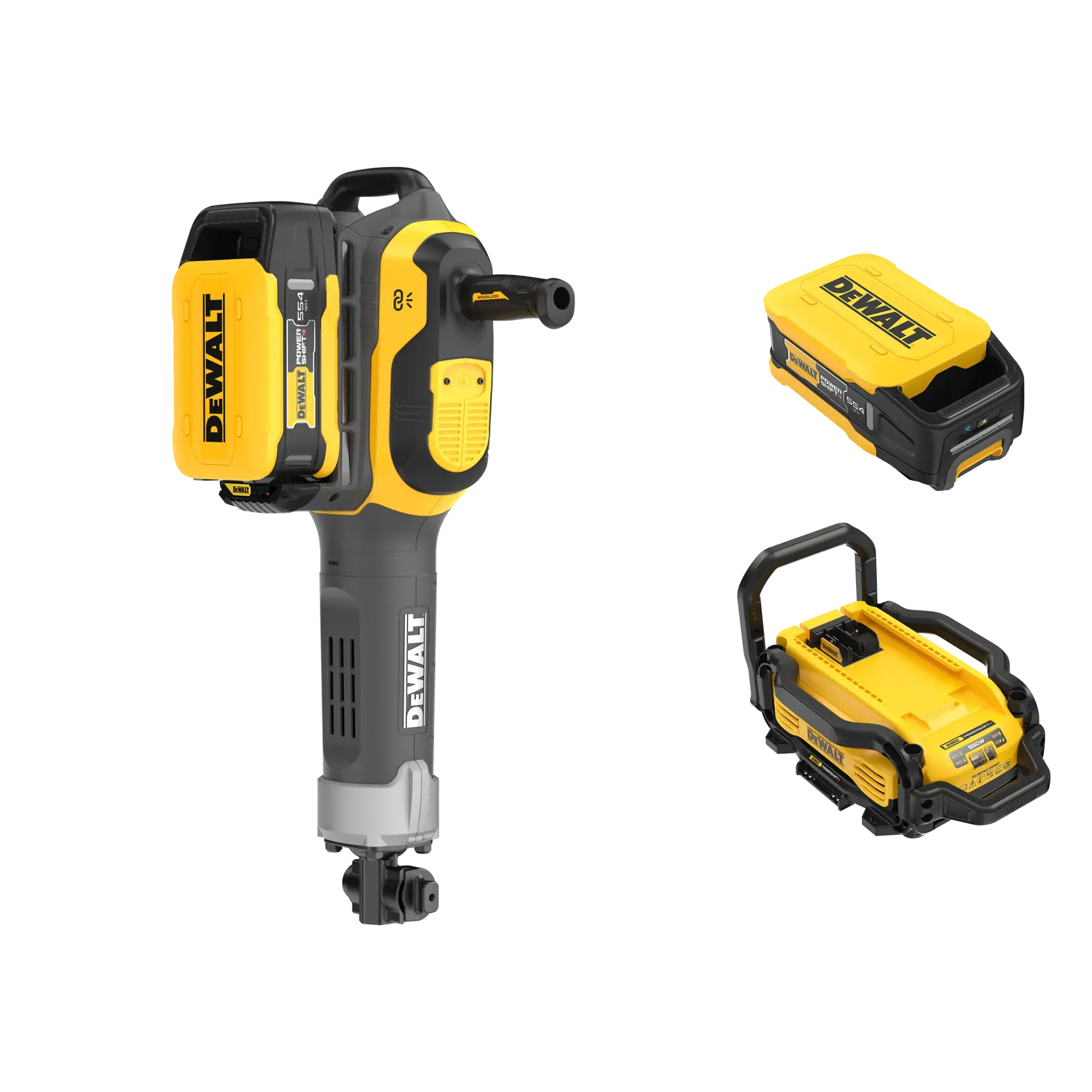 Image showing three DeWalt branded power tool accessories. On the left is a cordless power tool with a DeWalt battery attached. On the top right is a DeWalt storage case for batteries. On the bottom right is a yellow and black portable DeWalt battery charger with handle.