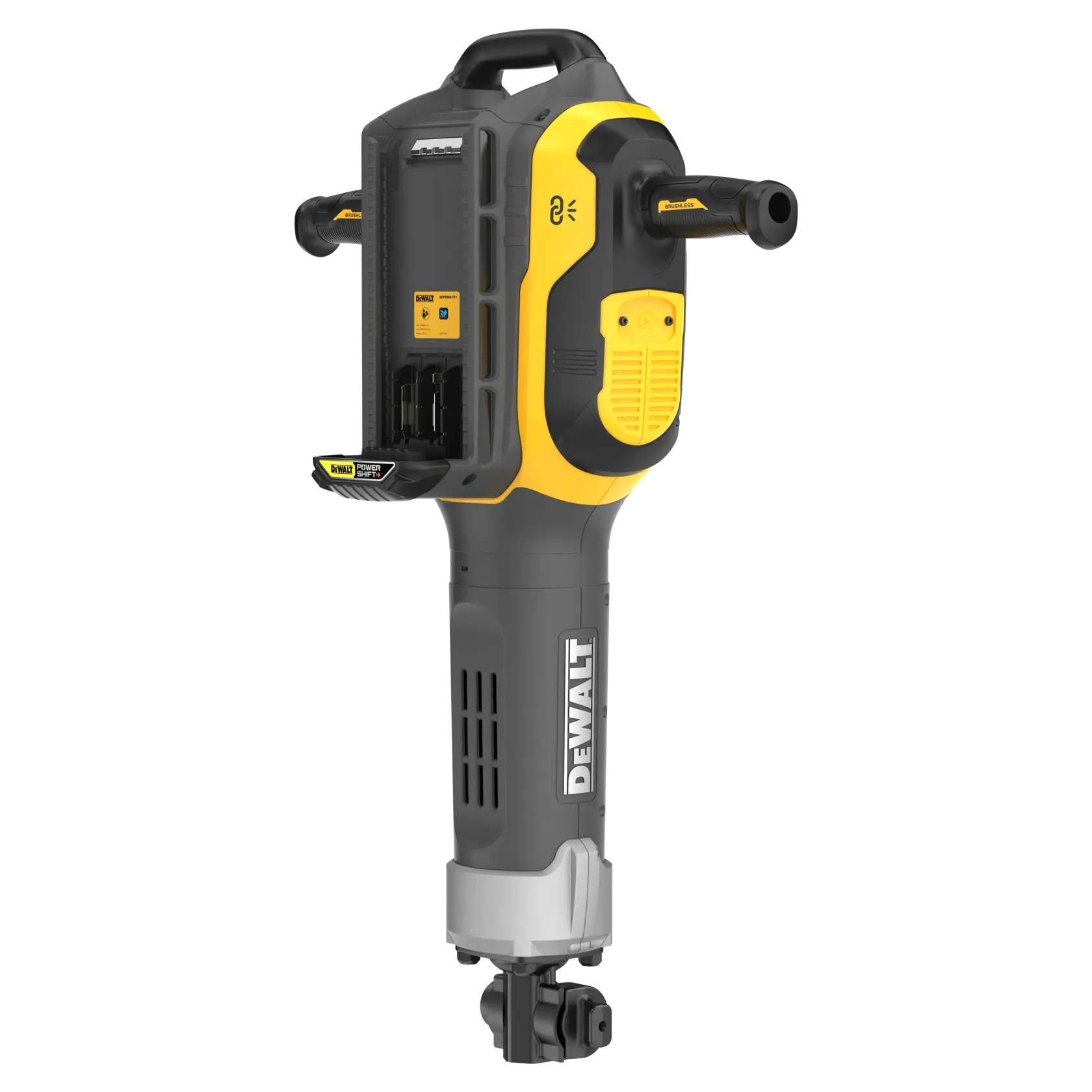 A DEWALT cordless demolition breaker tool in black and yellow, shown upright with visible battery compartment and side handles.