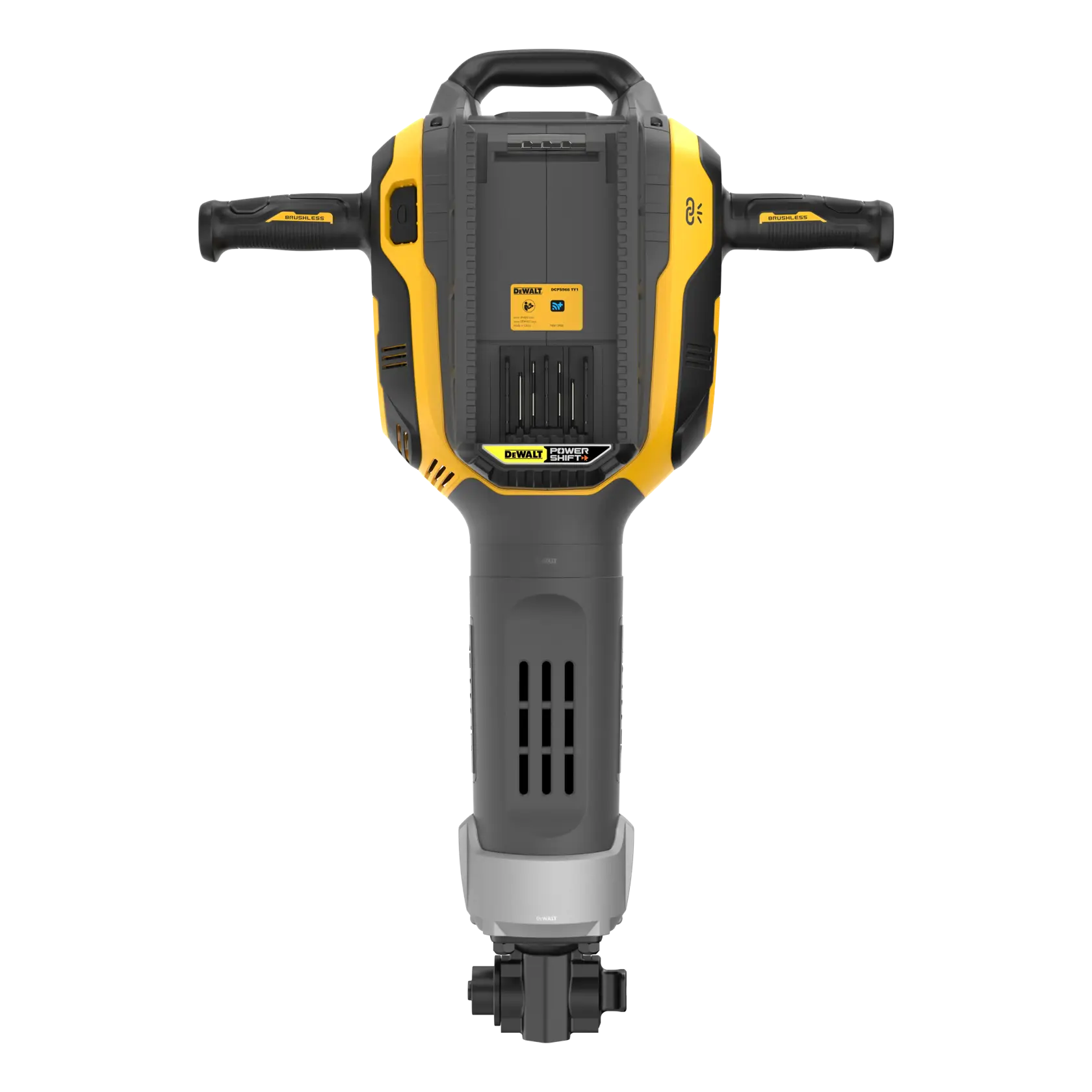 A front view of a DeWalt industrial electric jackhammer with yellow and black accents, two handles, and a sturdy central body designed for heavy-duty construction work.