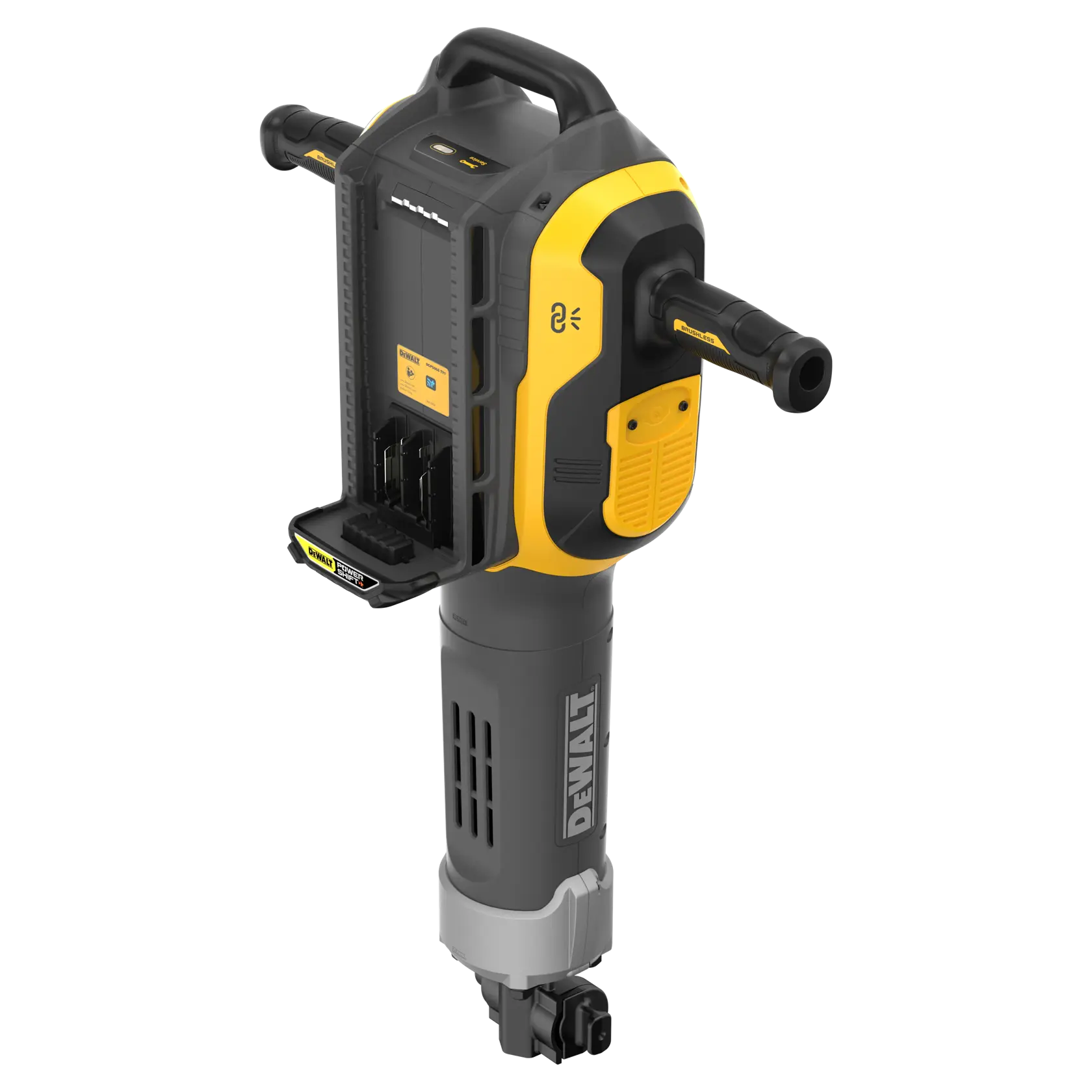 A DEWALT electric jackhammer with black and yellow accents. The jackhammer features a handle on top, two side handles, and a visible battery compartment drawer. The body has the DEWALT logo and is designed for heavy-duty demolition work.