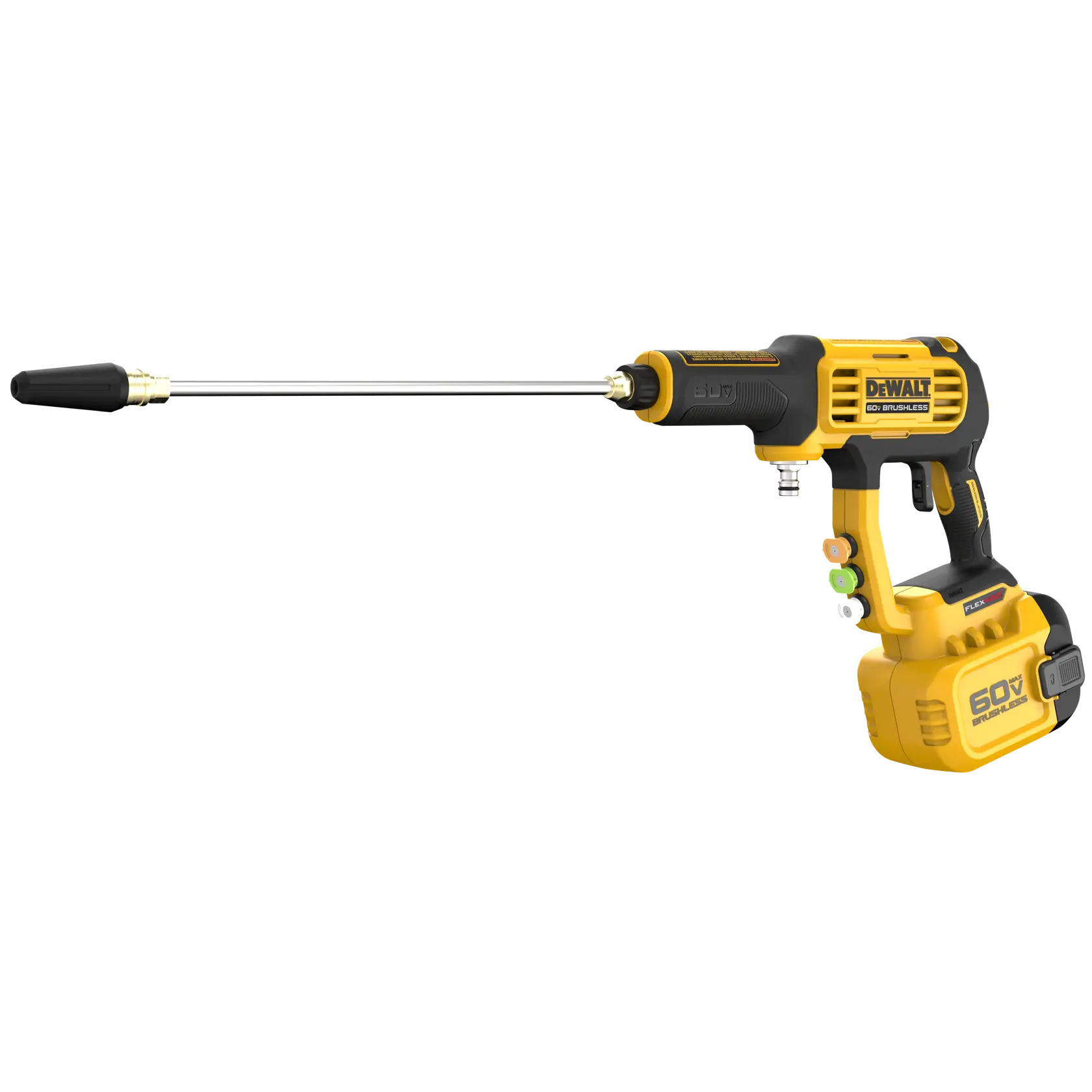 A DEWALT cordless pressure washer with a long nozzle attachment, featuring a yellow and black design and a 60V battery.