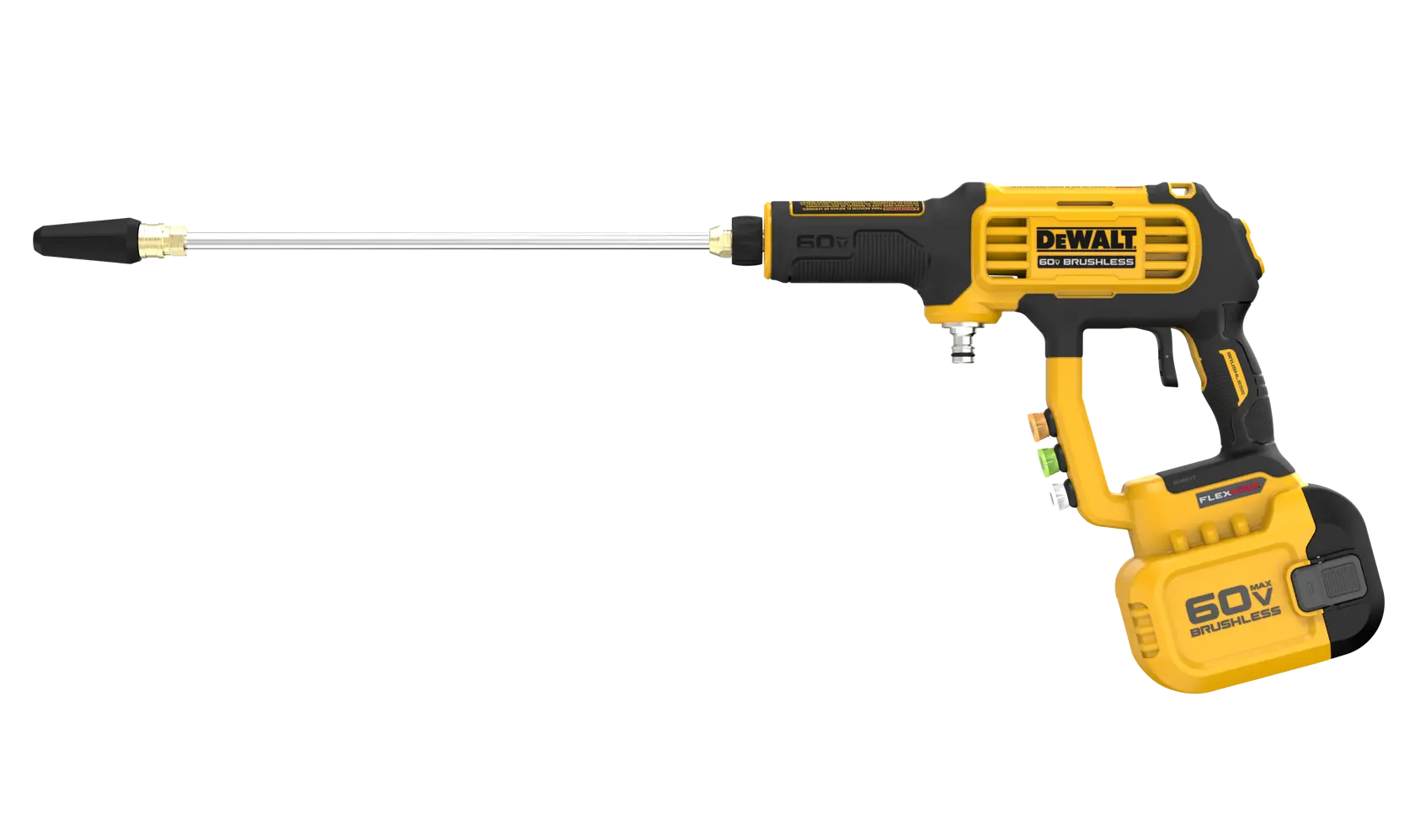 A yellow and black DEWALT cordless power washer with a long nozzle attachment and 60V battery, displayed on a white background.