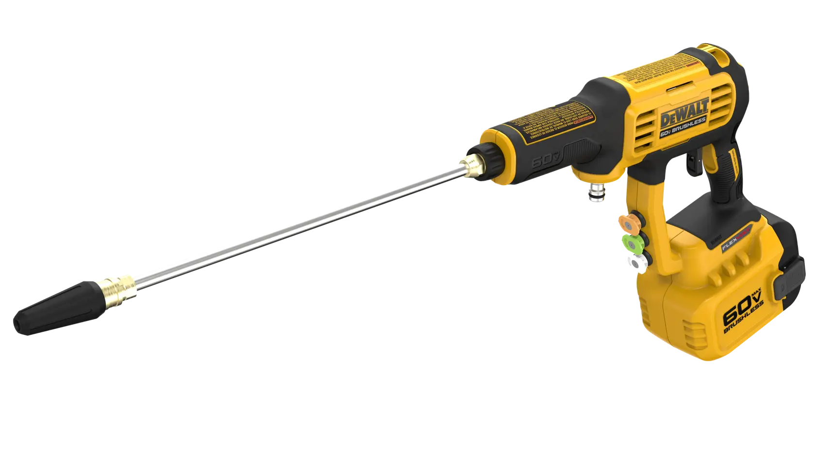 A yellow and black cordless power washer with a long nozzle attachment and trigger handle, branded DEWALT, shown against a white background.