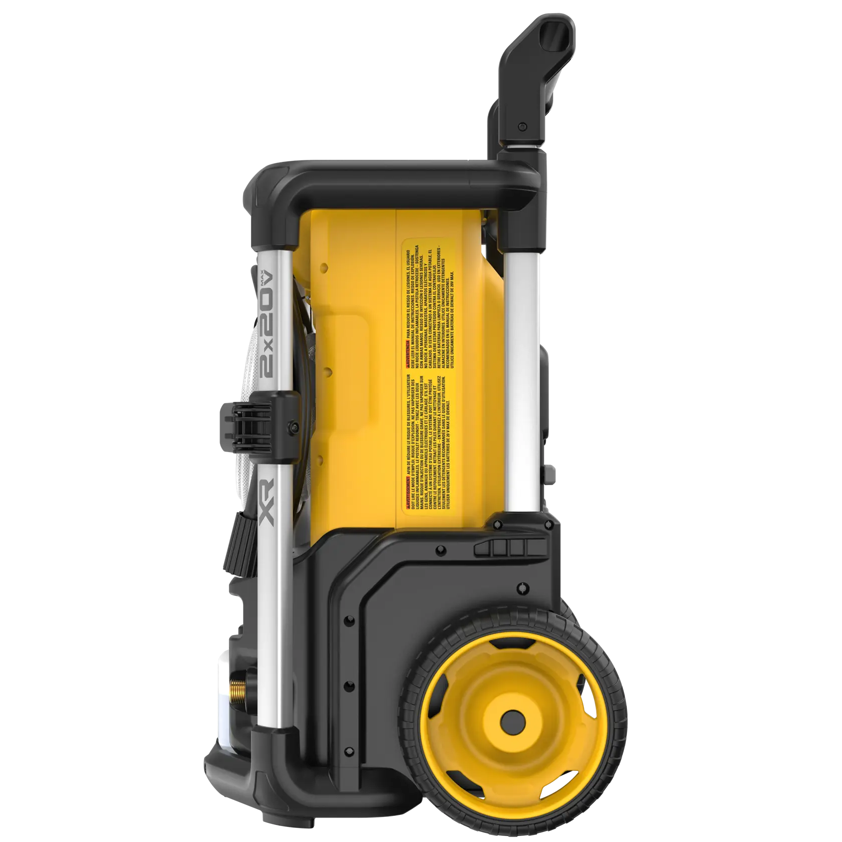 Side view of a portable DEWALT pressure washer unit with a yellow and black body, large wheels, and a handle for easy transport.