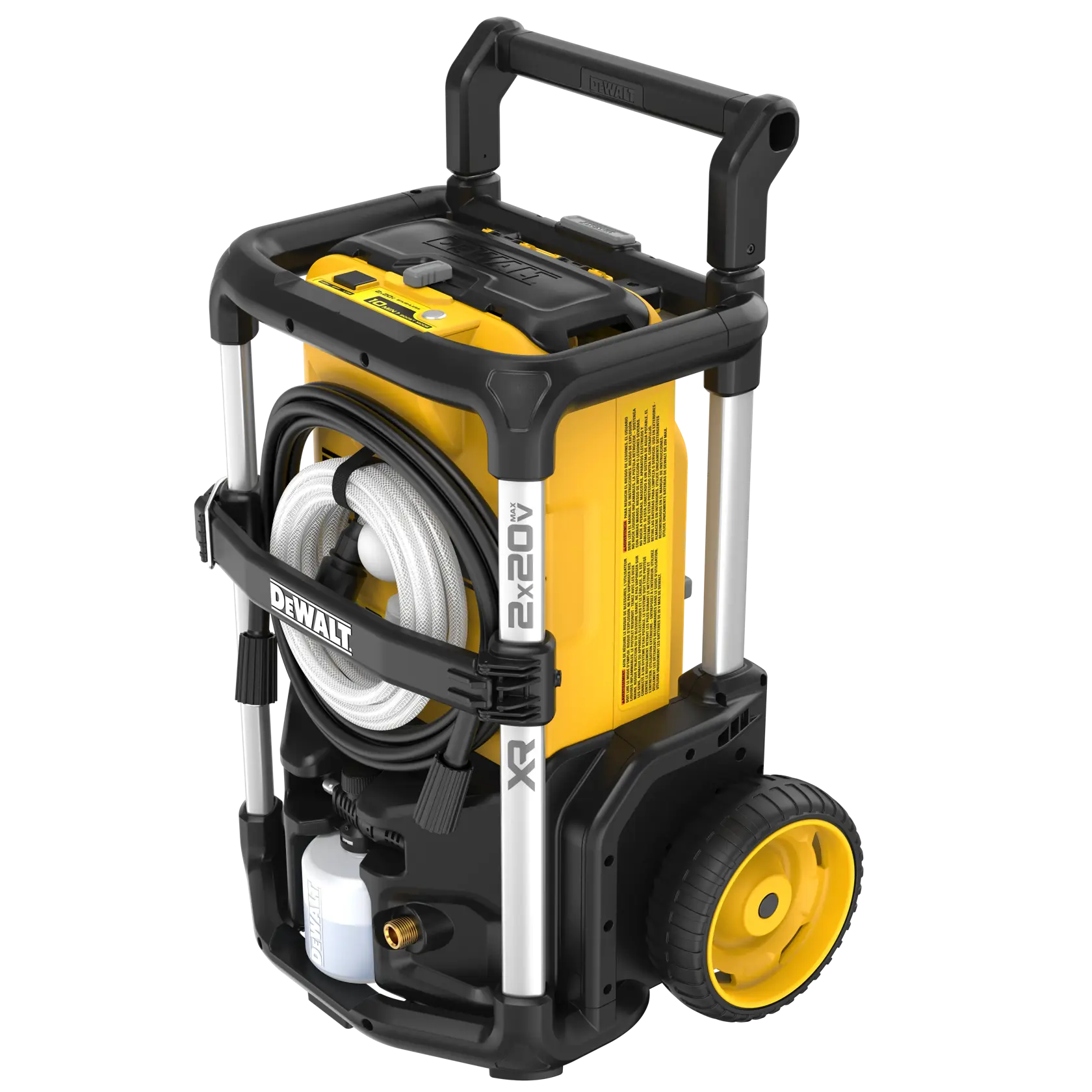 A DEWALT portable pressure washer in yellow and black color, equipped with a handle, two large wheels, a coiled hose, and a detergent bottle attached at the bottom. The unit features '2x20V' markings on the side and is designed for mobility.
