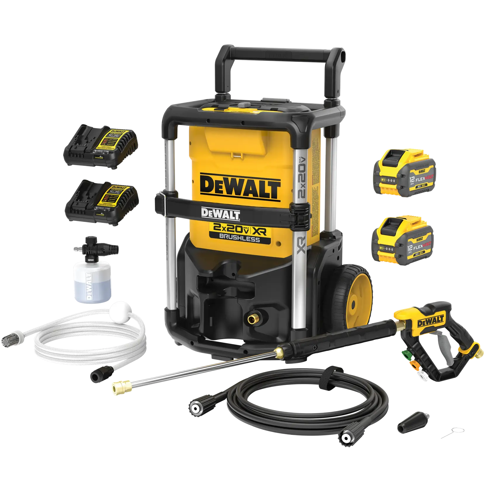 DEWALT portable pressure washer kit shown with accessories, including two batteries, two battery chargers, a spray gun, hose, lance, foam bottle, nozzle, and adapter parts. The main unit is yellow and black, with wheels and a handle for transport.