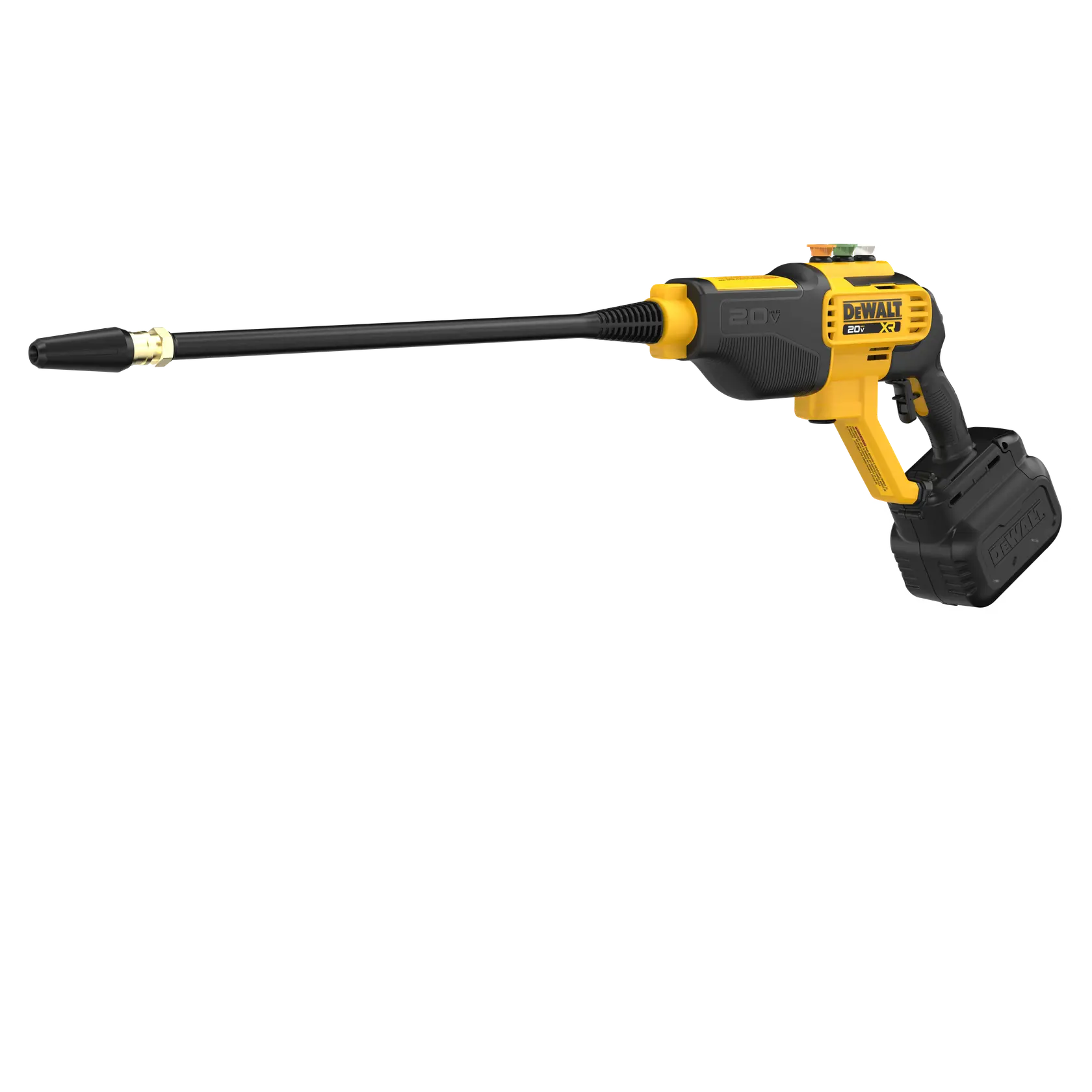 DEWALT cordless power washer with long nozzle, black and yellow, handheld design, battery attached.