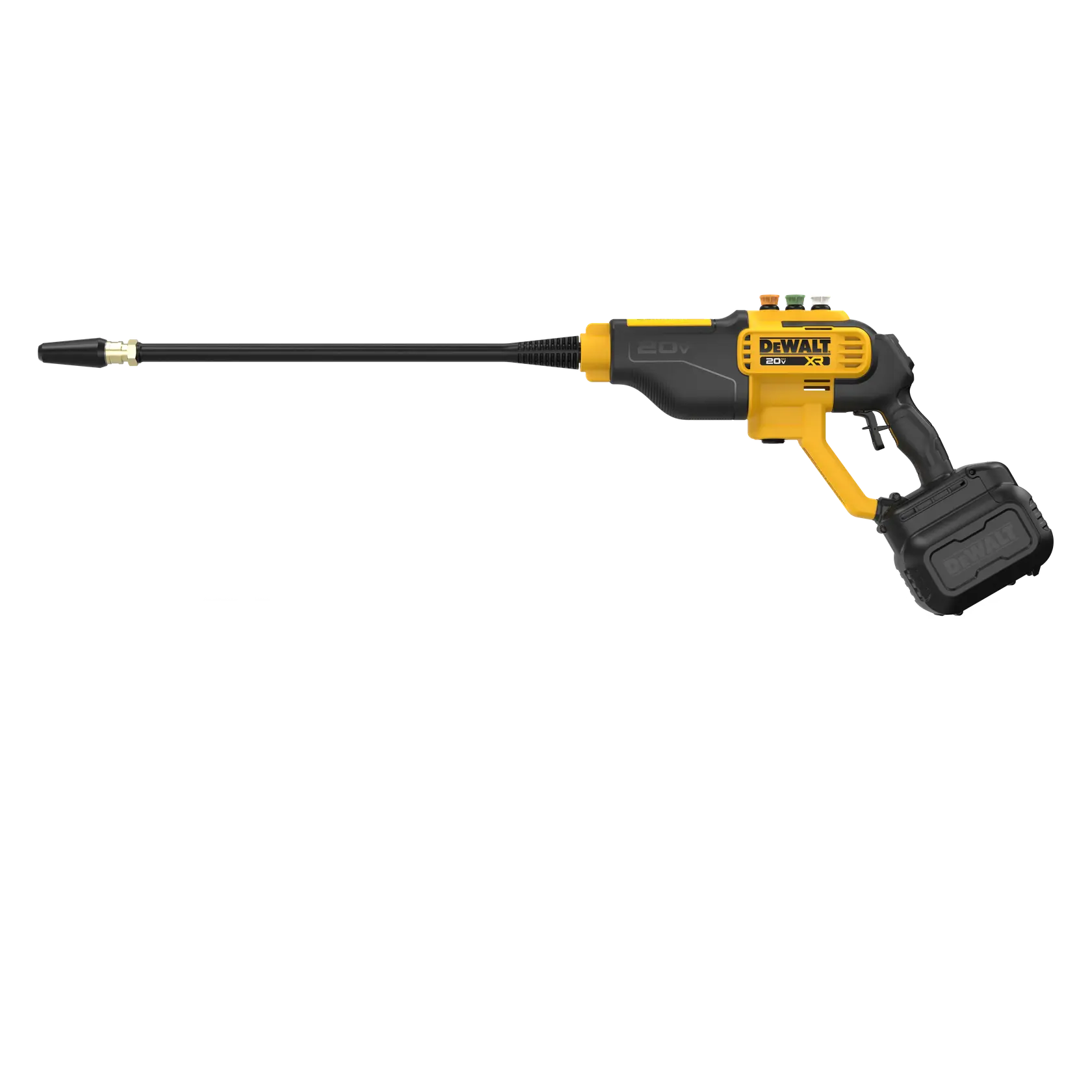 Cordless DEWALT power washer with long nozzle, black and yellow, 20V battery attached, side profile view.