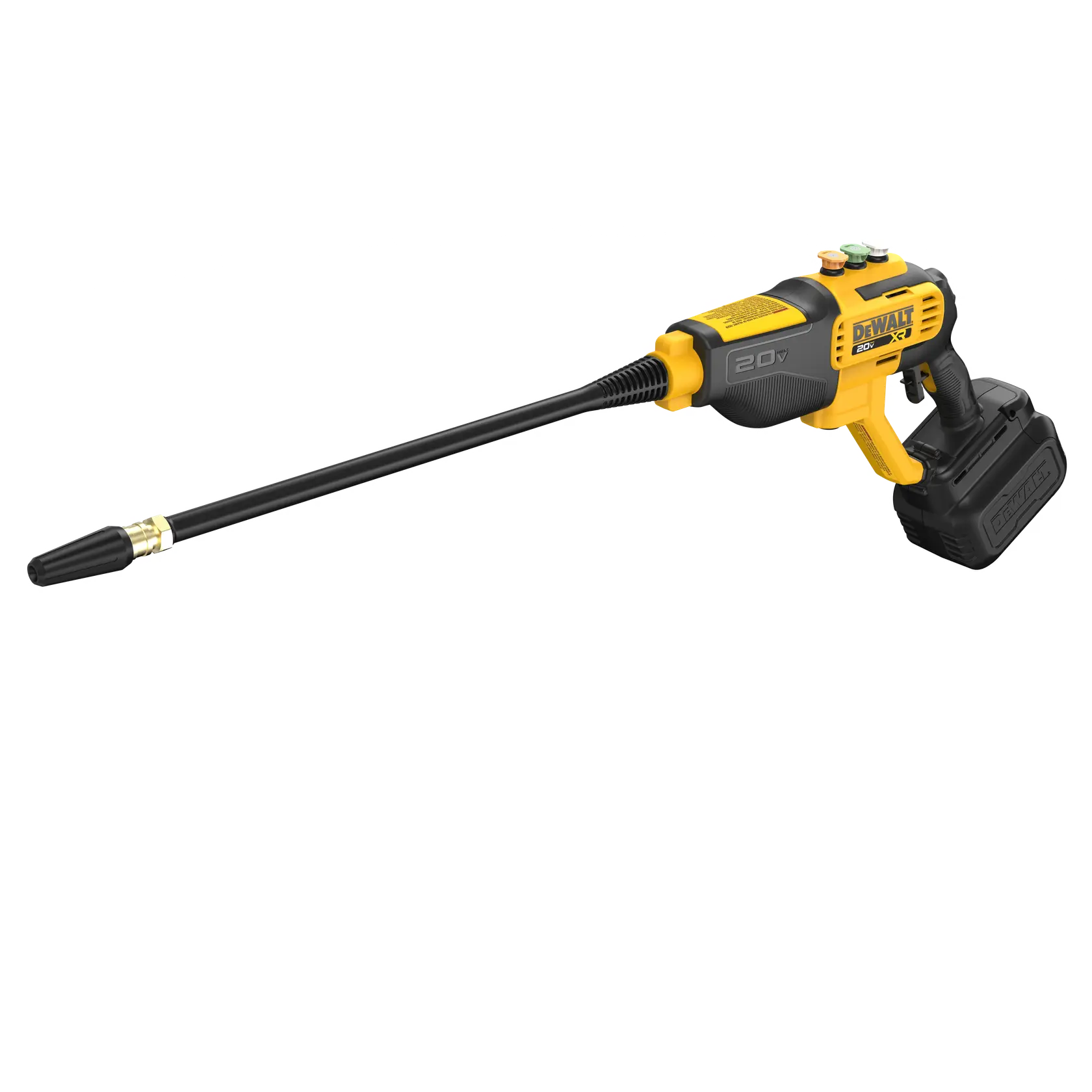 Cordless DEWALT pressure washer with a long nozzle and yellow-black design, suitable for outdoor cleaning tasks.
