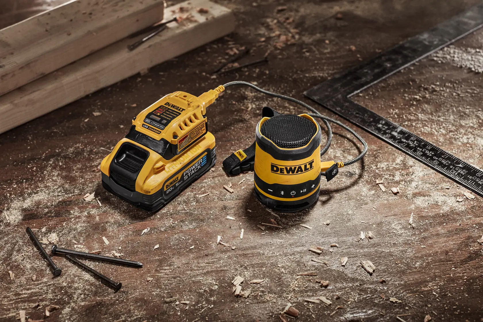 DEWALT mono speaker charging using the DCB094K DART charger that has DCBP042 POWERSTACK(™) compact battery 