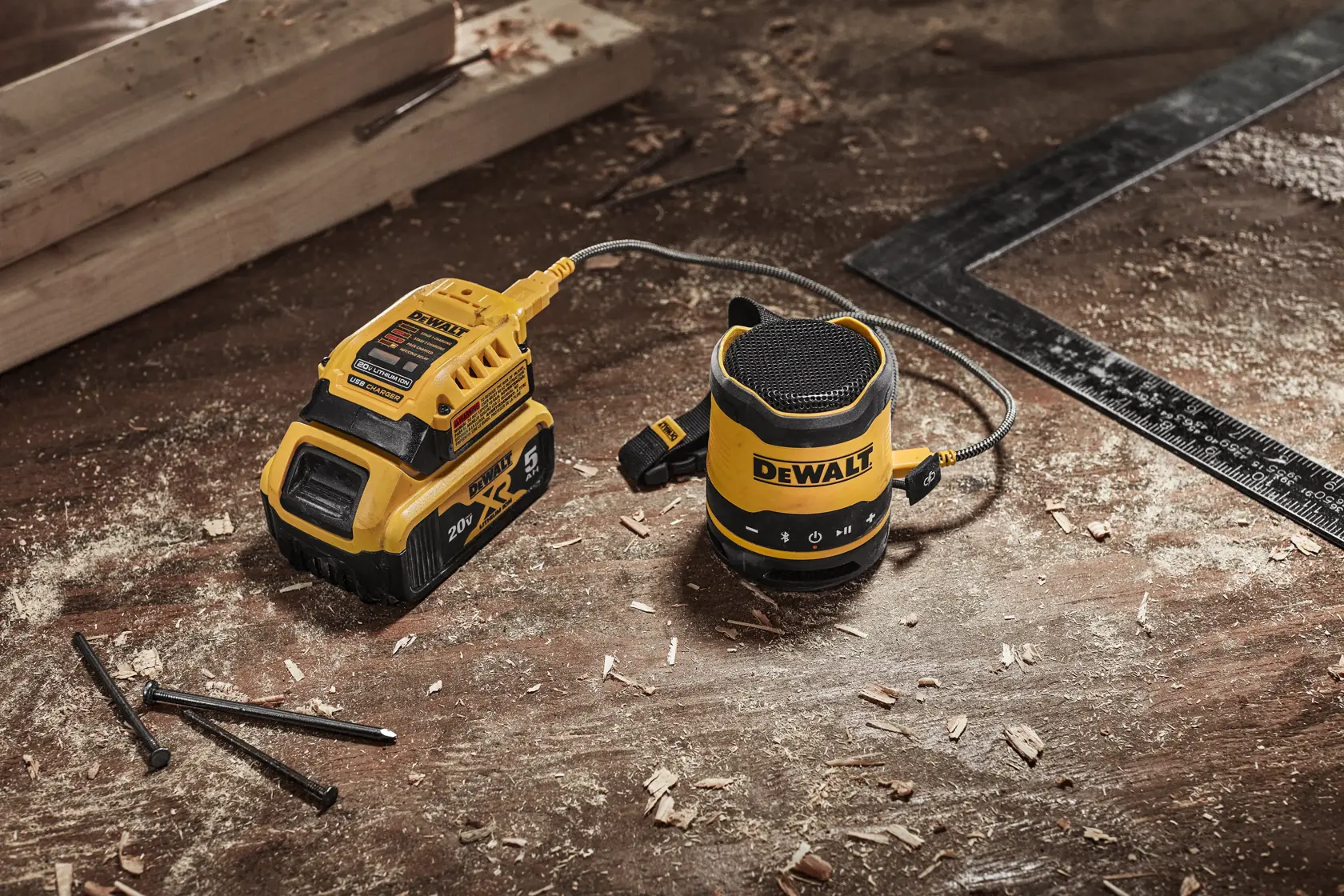 DEWALT mono speaker charging using the DCB094K DART charger that has DCB205 battery