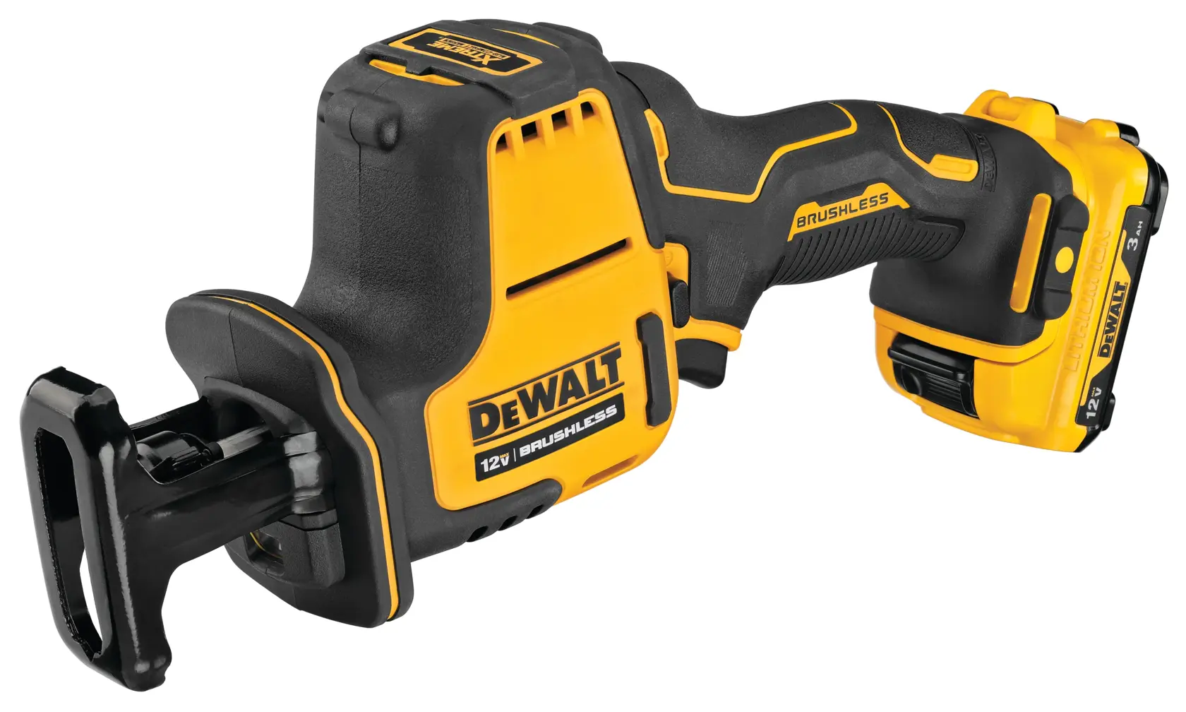 A DEWALT 12V brushless cordless reciprocating saw, shown with a yellow and black design and battery attached.