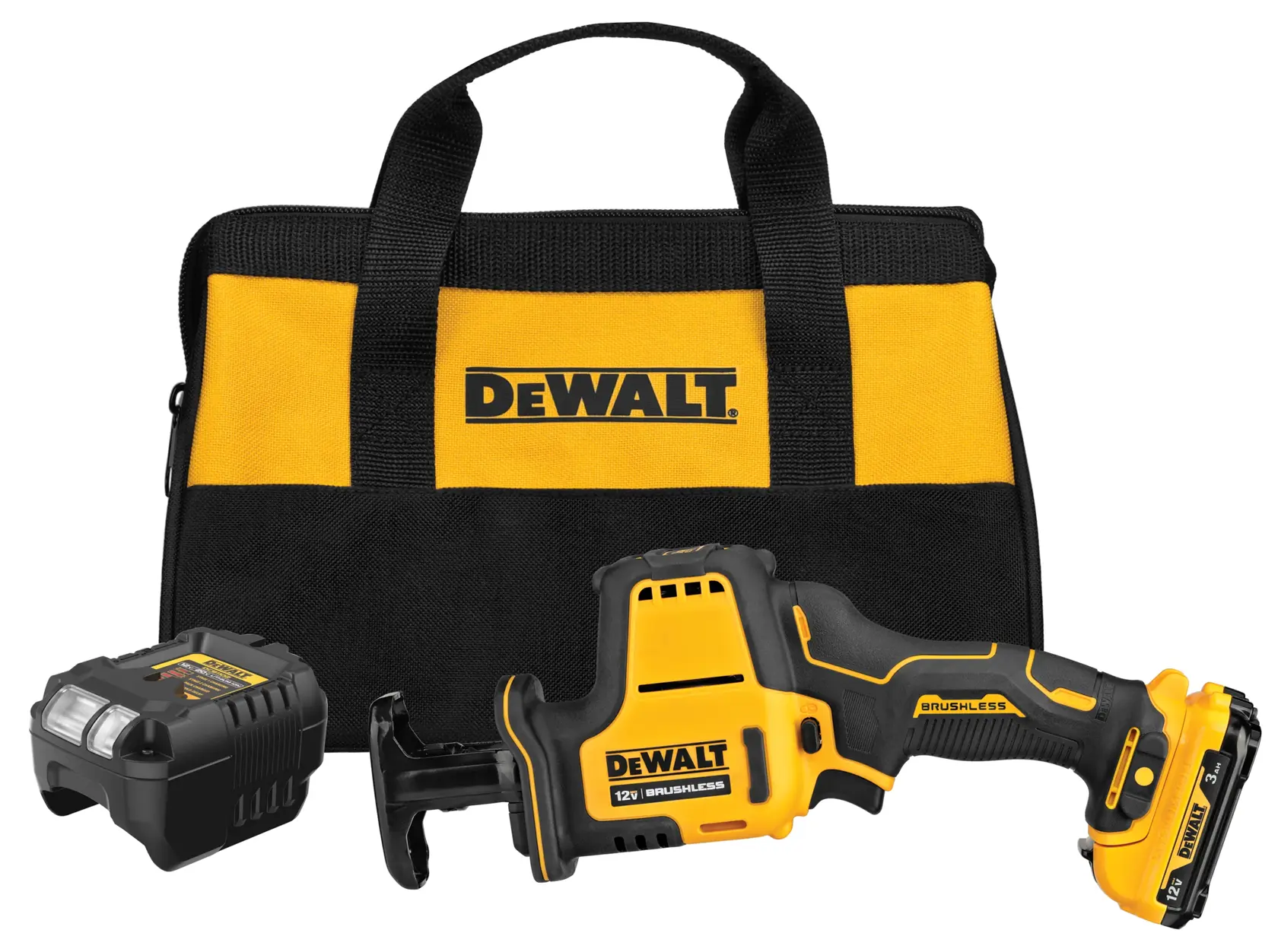 A DEWALT cordless reciprocating saw kit, including a yellow and black tool bag, a battery charger, and a brushless 12V reciprocating saw with battery.