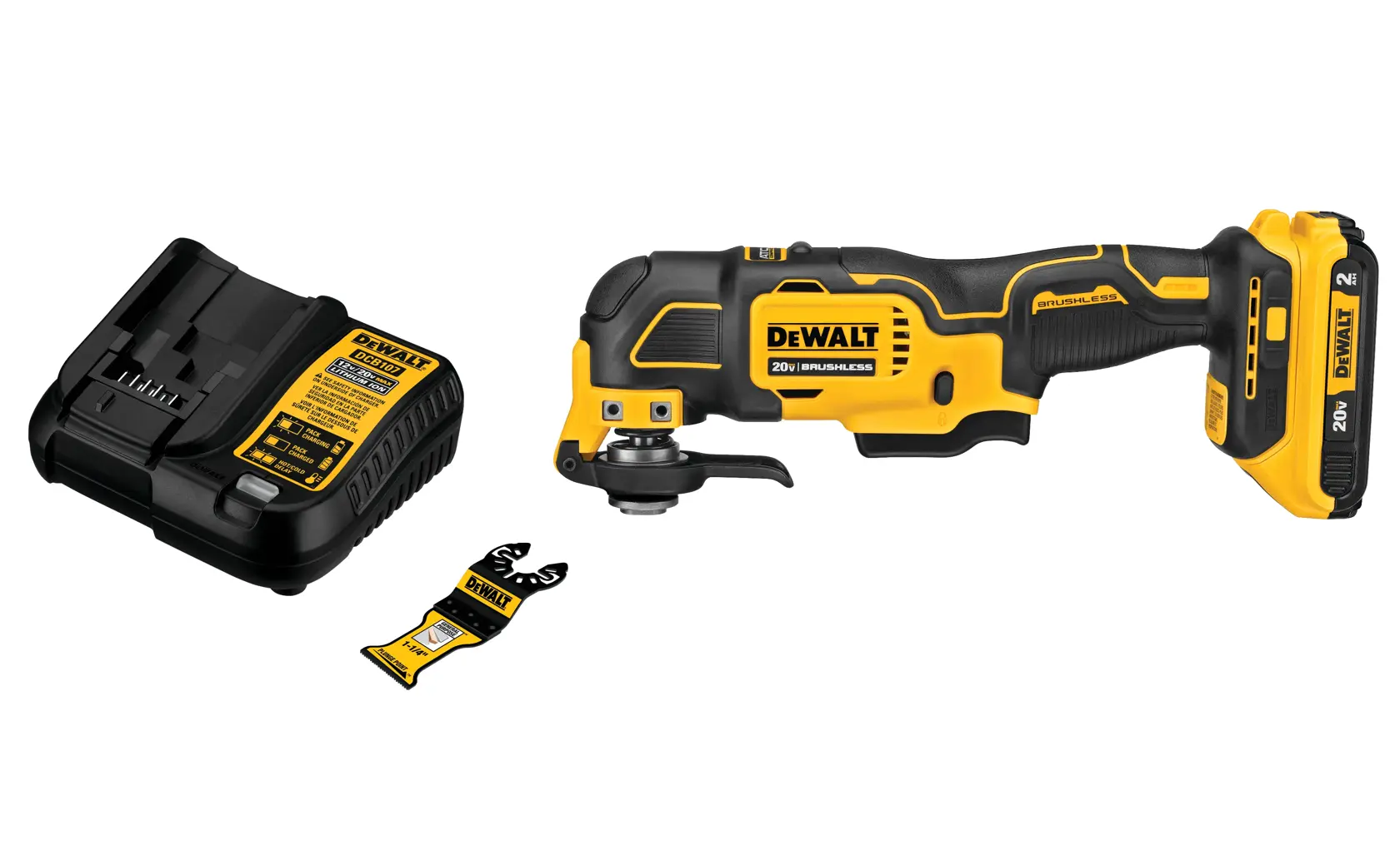 ATOMIC Brushless Cordless Oscillating Multi Tool kit with universal accessory adaptor and two woodcutting blades