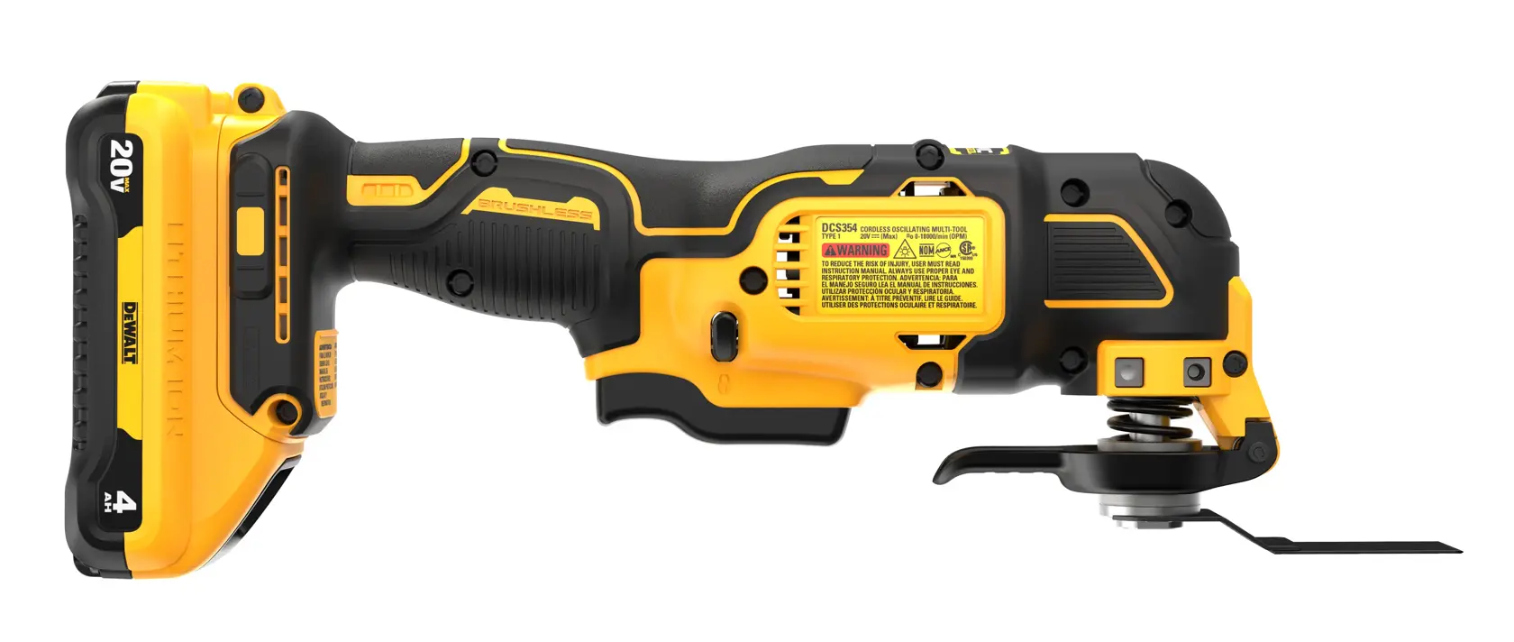 DCS354 oscillating tool with blades attached 3/4 back facing angle