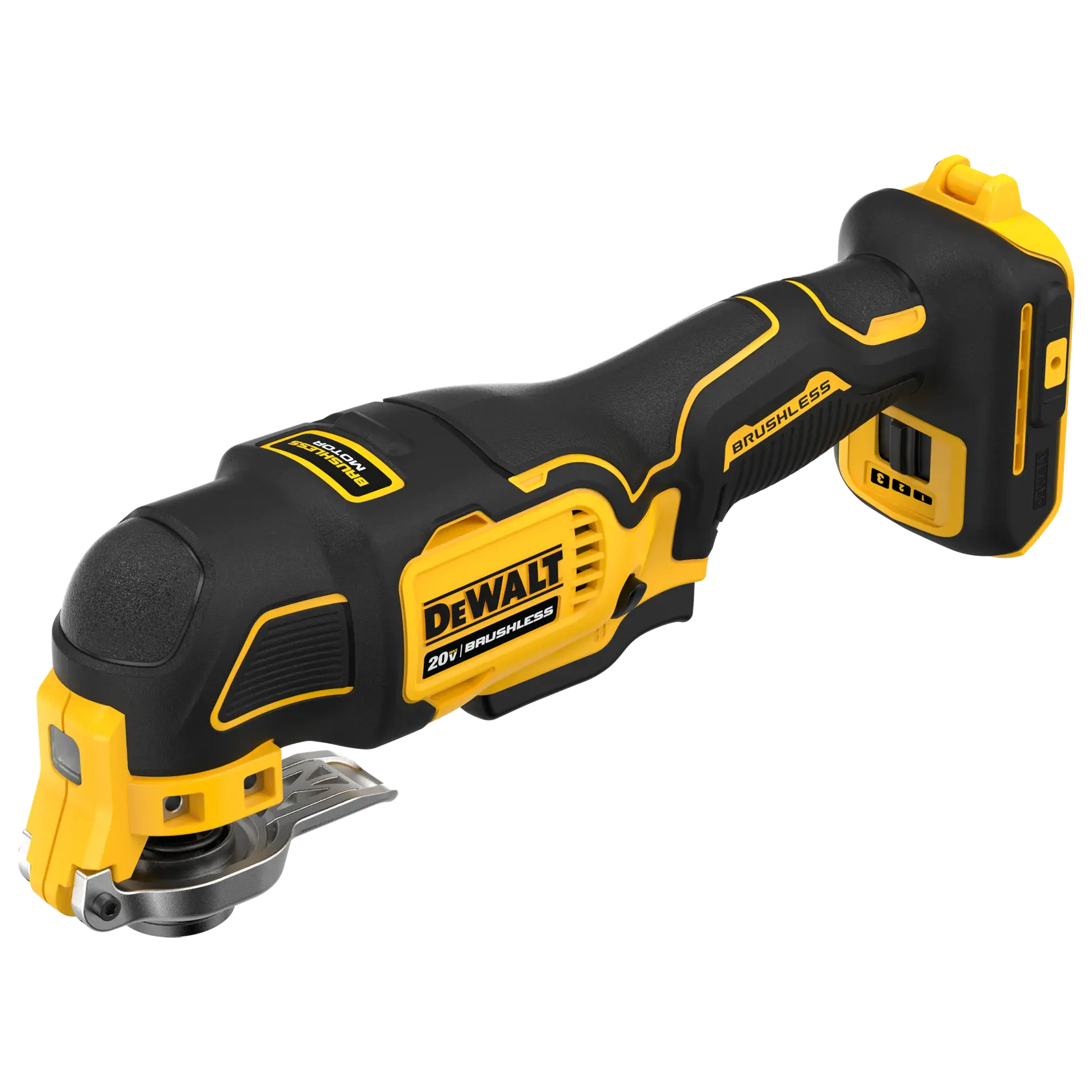 A close-up of hands using a yellow and black DEWALT power tool with a brushless motor to cut or sand near a wall and a pipe. The bottom of the image has the words 'BRUSHLESS MOTOR' in bold yellow text.