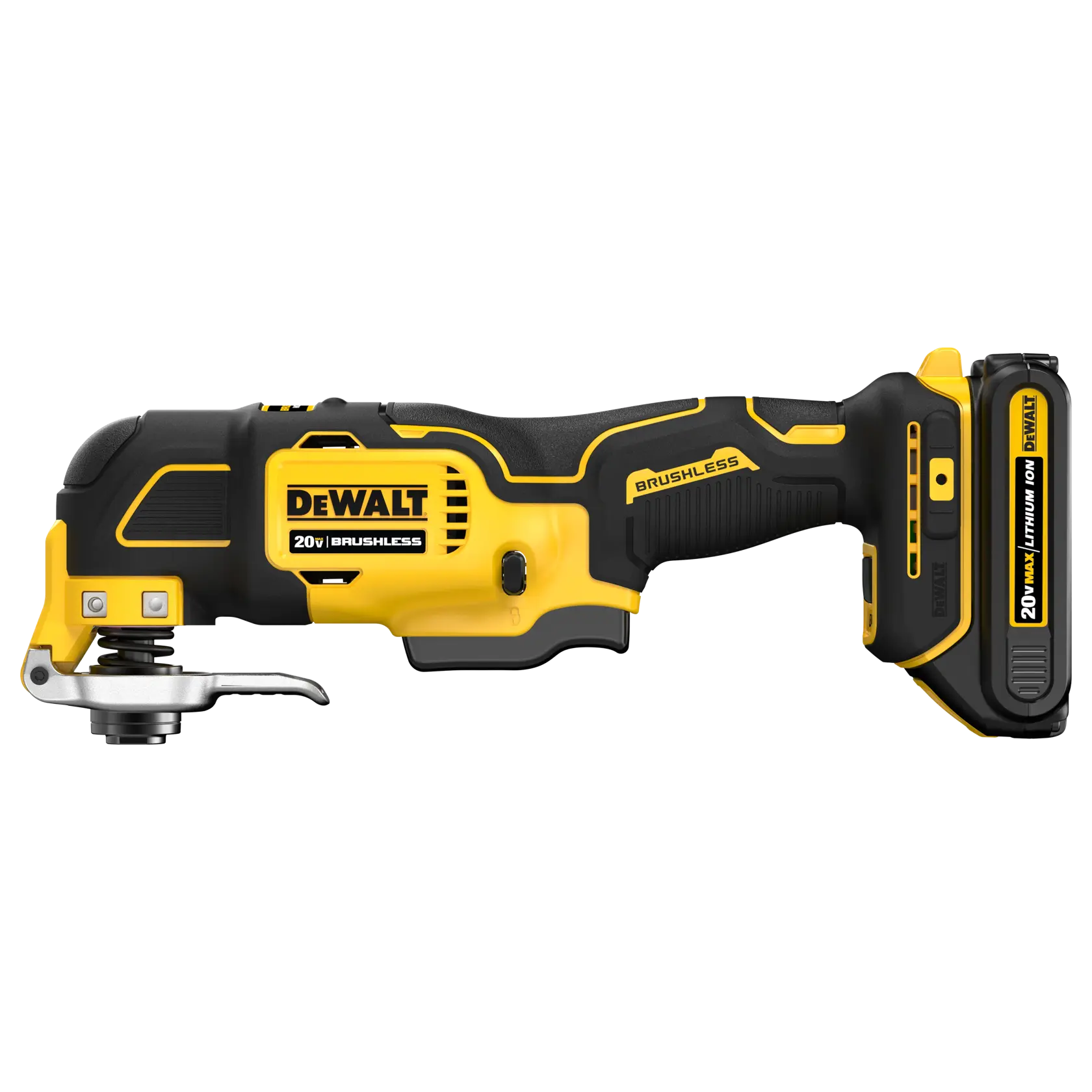 A DEWALT 20V brushless cordless oscillating multi-tool with a black and yellow design, shown with attached 20V MAX lithium ion battery.