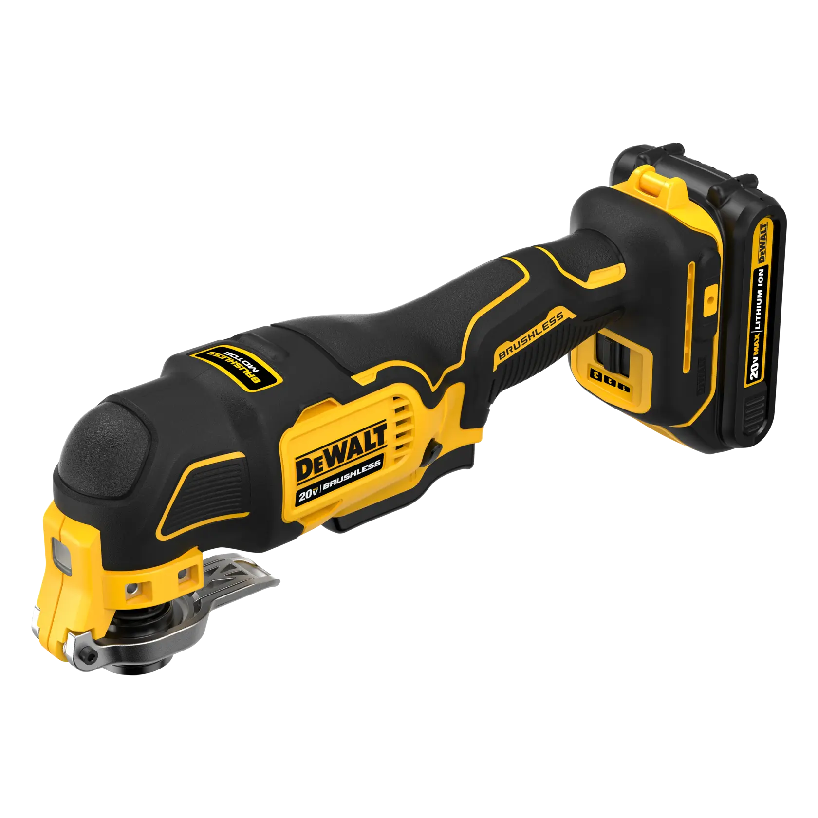 A DEWALT 20V brushless cordless oscillating multi-tool, featuring a yellow and black design with a lithium-ion battery attached.