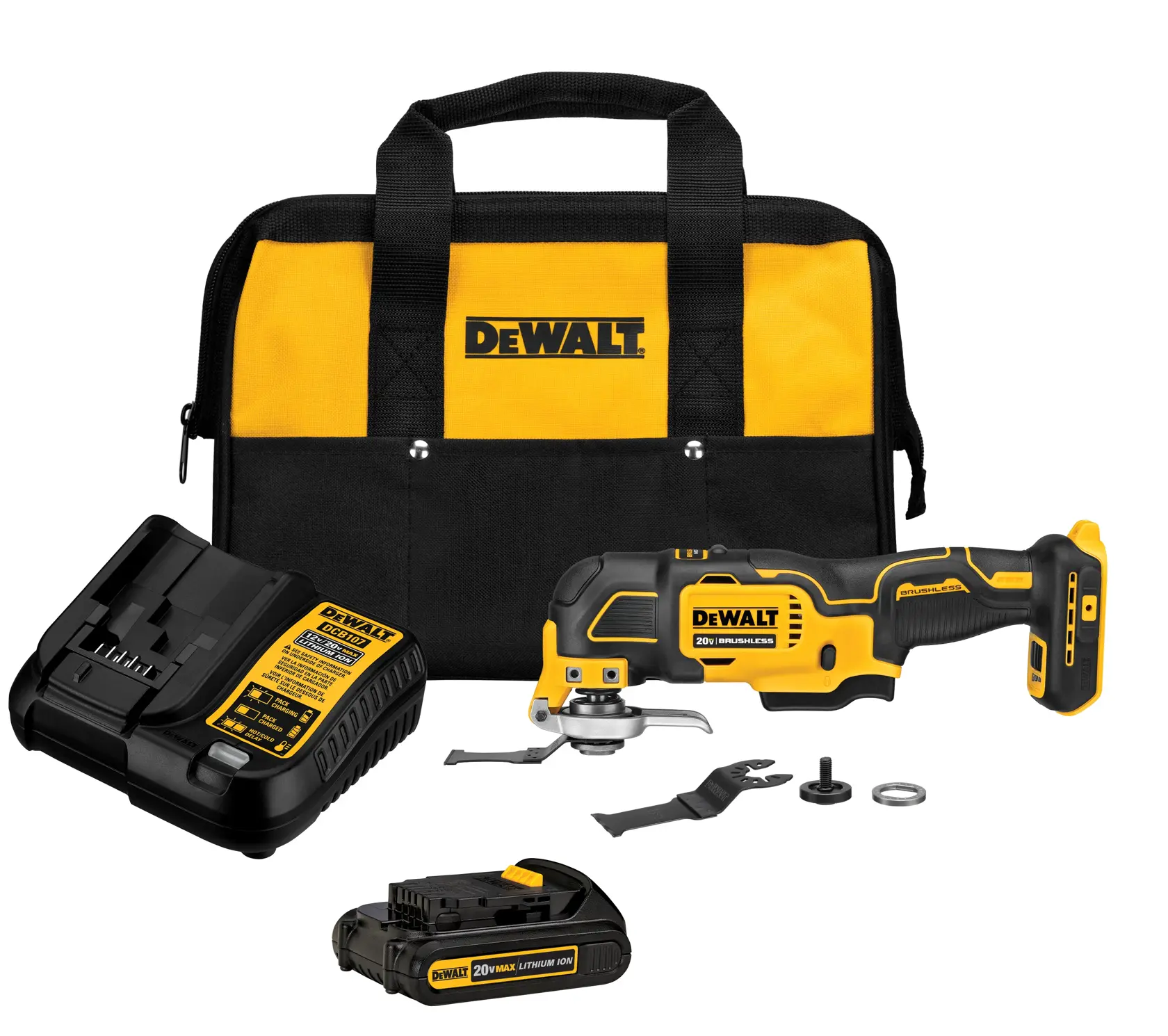 A DEWALT cordless oscillating multi-tool kit including a yellow and black carrying bag, a 20V MAX lithium-ion battery, a battery charger, the multi-tool itself, and several tool accessories.