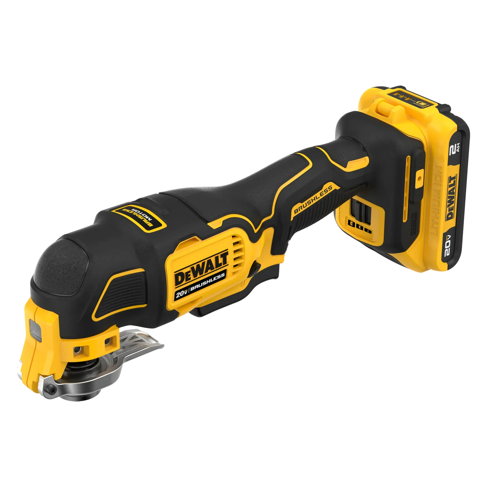 A DEWALT 20V cordless oscillating multi-tool with a brushless motor. The tool is yellow and black, with the DEWALT logo and battery attached.