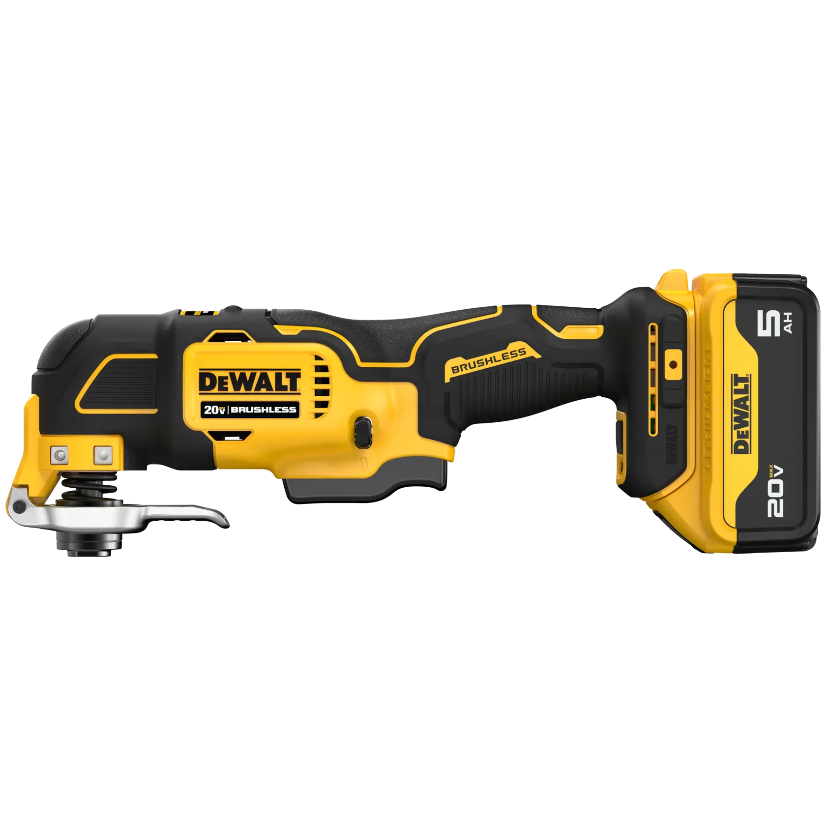 A DEWALT 20V Brushless cordless oscillating multi-tool with a 5Ah battery, shown in a side view. The tool is yellow and black and features ergonomic design with a visible battery pack attached.