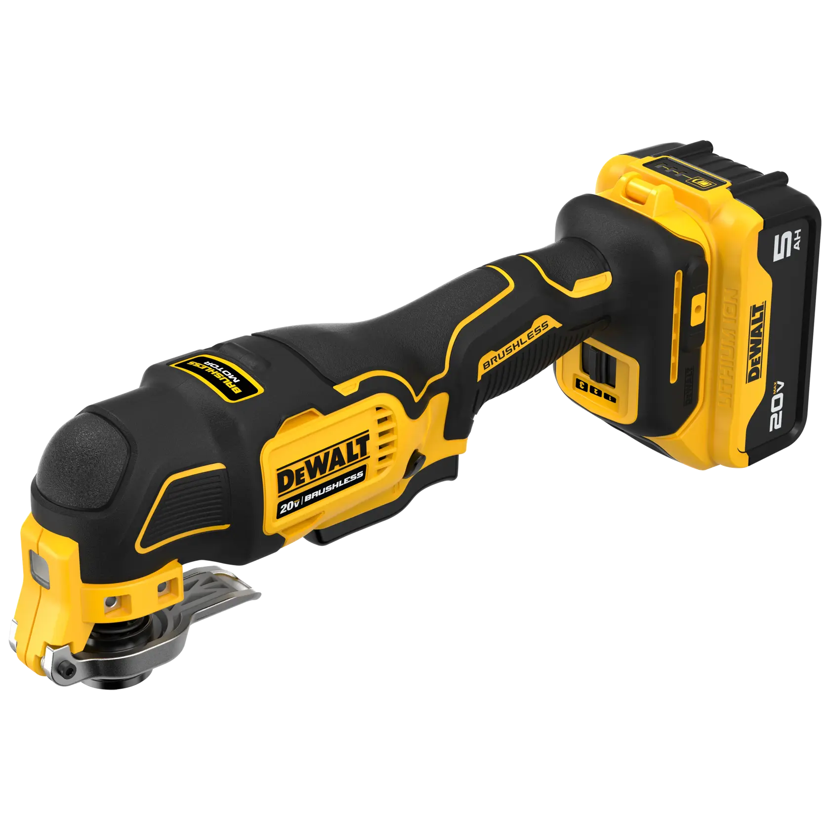 A DEWALT 20V cordless brushless oscillating multi-tool with a black and yellow design, featuring a rechargeable battery attached at the rear and a metal tool head for various cutting and sanding tasks.