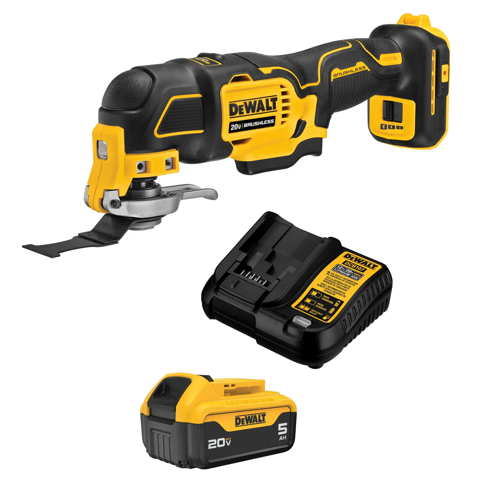 DeWalt cordless oscillating tool kit with case, battery, charger, attachments, blades and sanding pads.