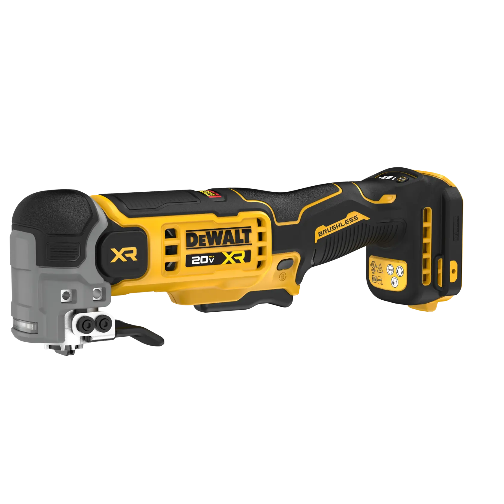 A DEWALT 20V XR brushless cordless oscillating multi-tool, shown in yellow and black colors, with ergonomic design and tool-free accessory change mechanism.