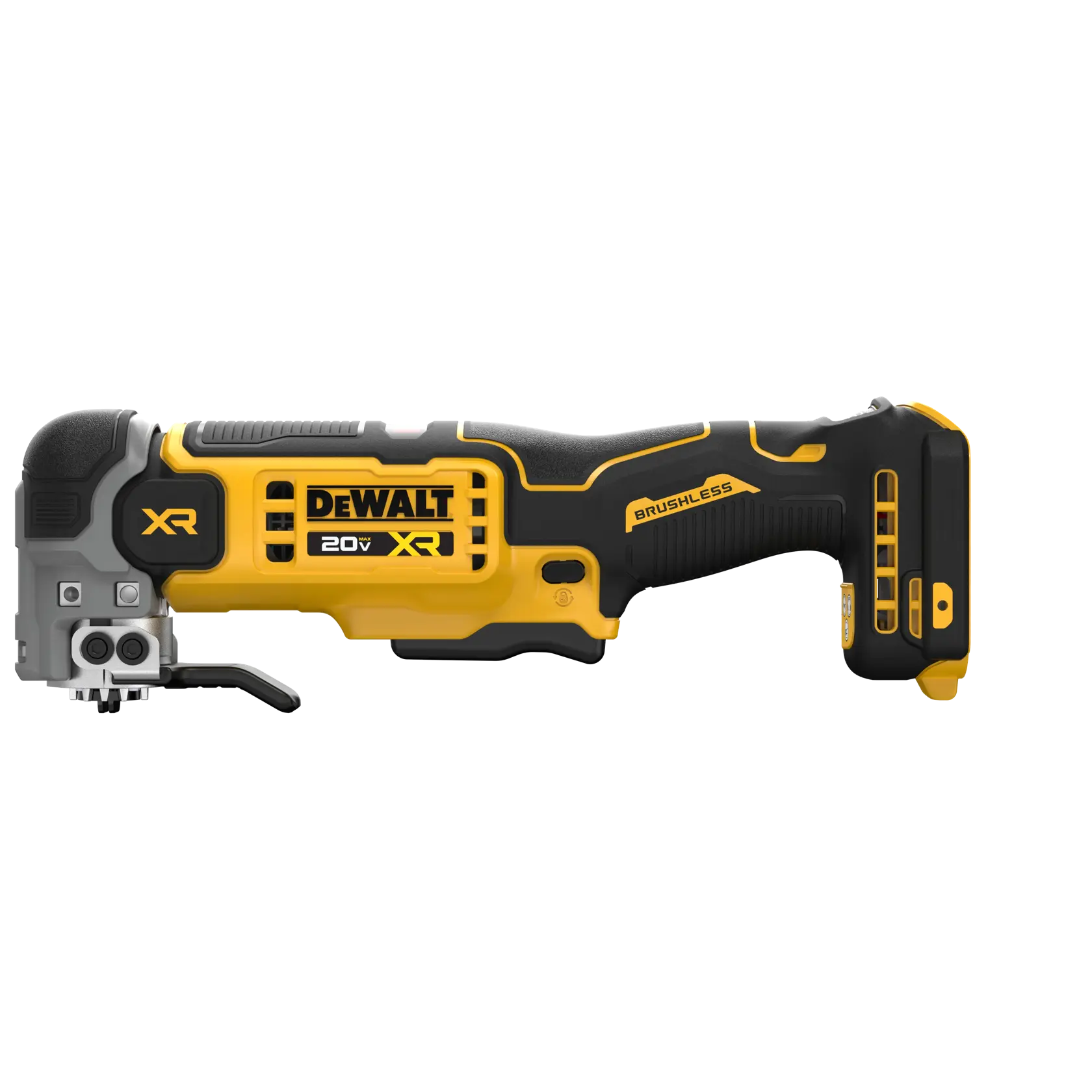 A DEWALT 20V XR cordless oscillating multi-tool with a brushless motor, shown in yellow and black color, used for cutting, sanding, and other tasks.