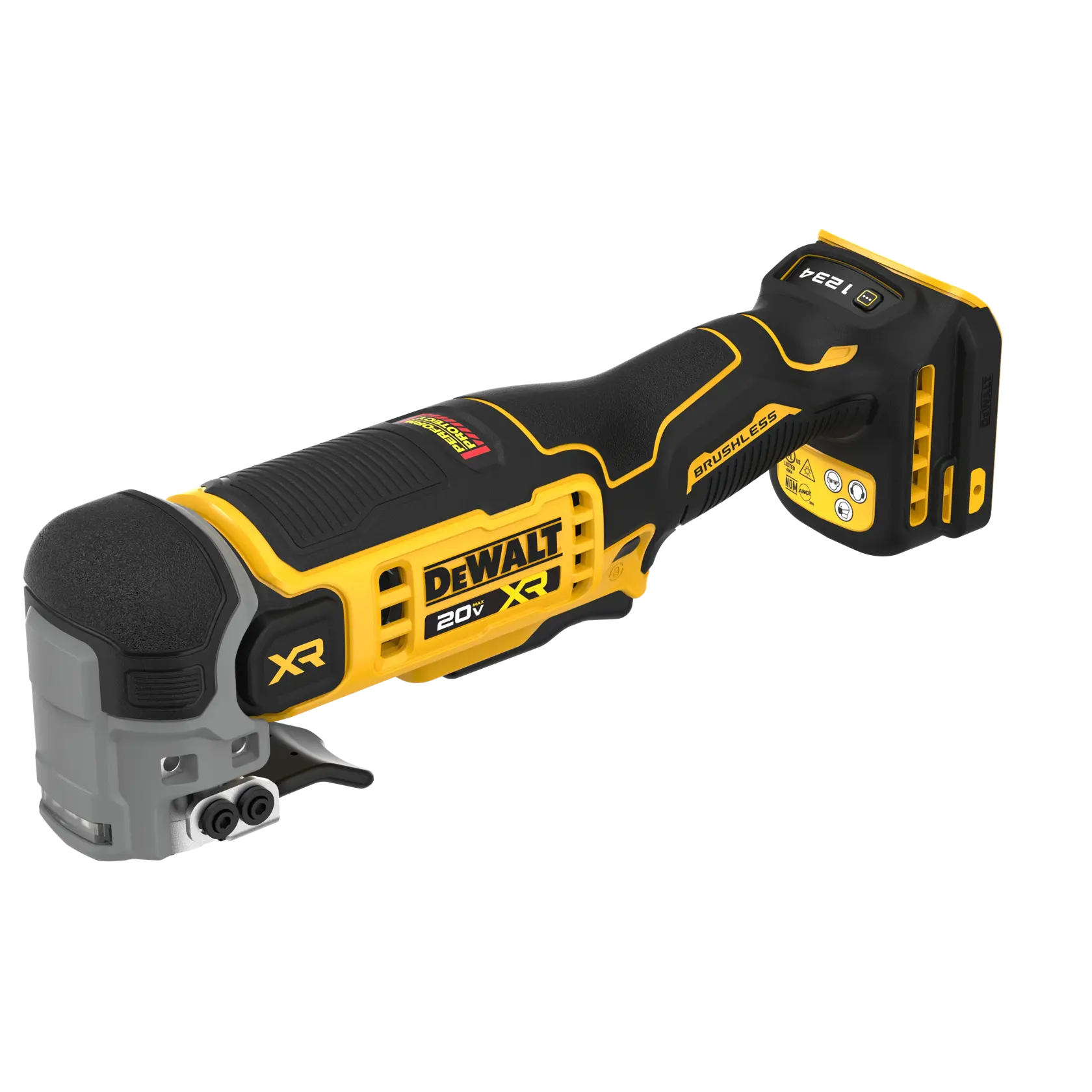 A Dewalt 20V XR brushless cordless oscillating multi-tool with a black and yellow design, shown from the side on a white background.
