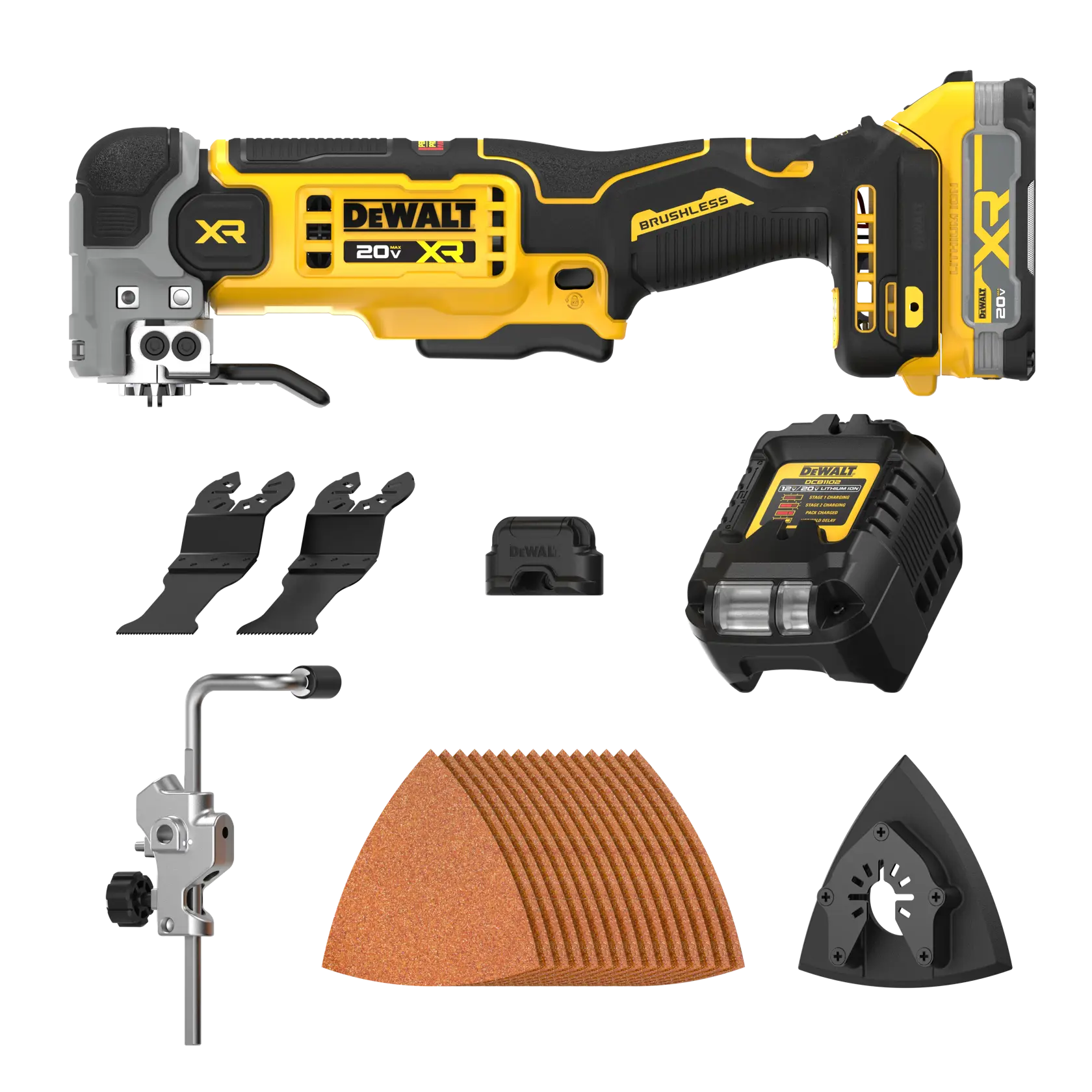 A DEWALT 20V XR cordless oscillating multi-tool kit, including a yellow and black brushless multi-tool, two cutting blades, a battery charger, sanding sheets, a sanding pad, a depth guide, and a blade adapter, all displayed on a white background.